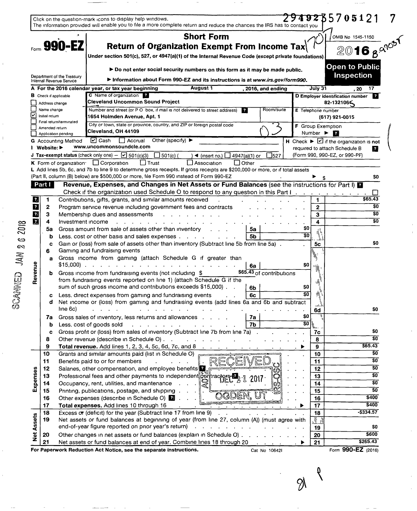 Image of first page of 2016 Form 990EZ for Cleveland Uncommon Sound Project