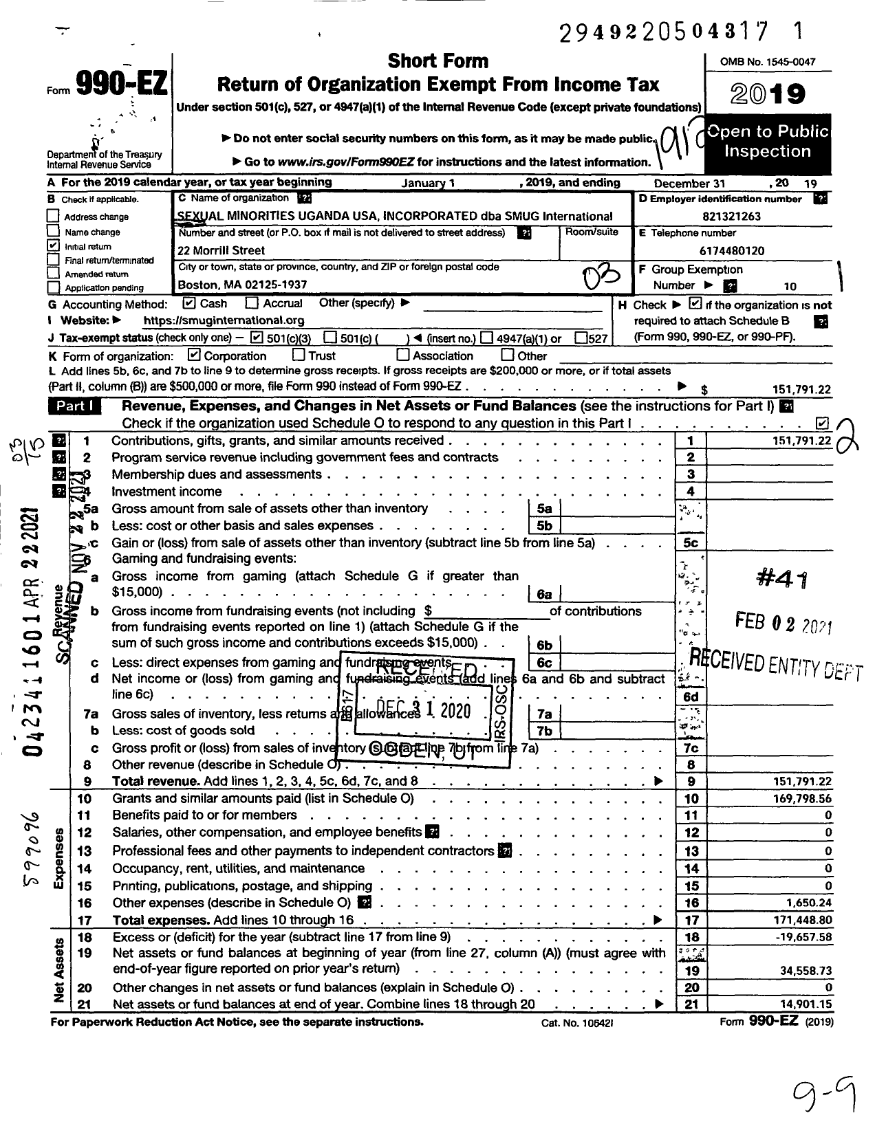 Image of first page of 2019 Form 990EZ for Sexual Minorities Uganda USA Incorporated