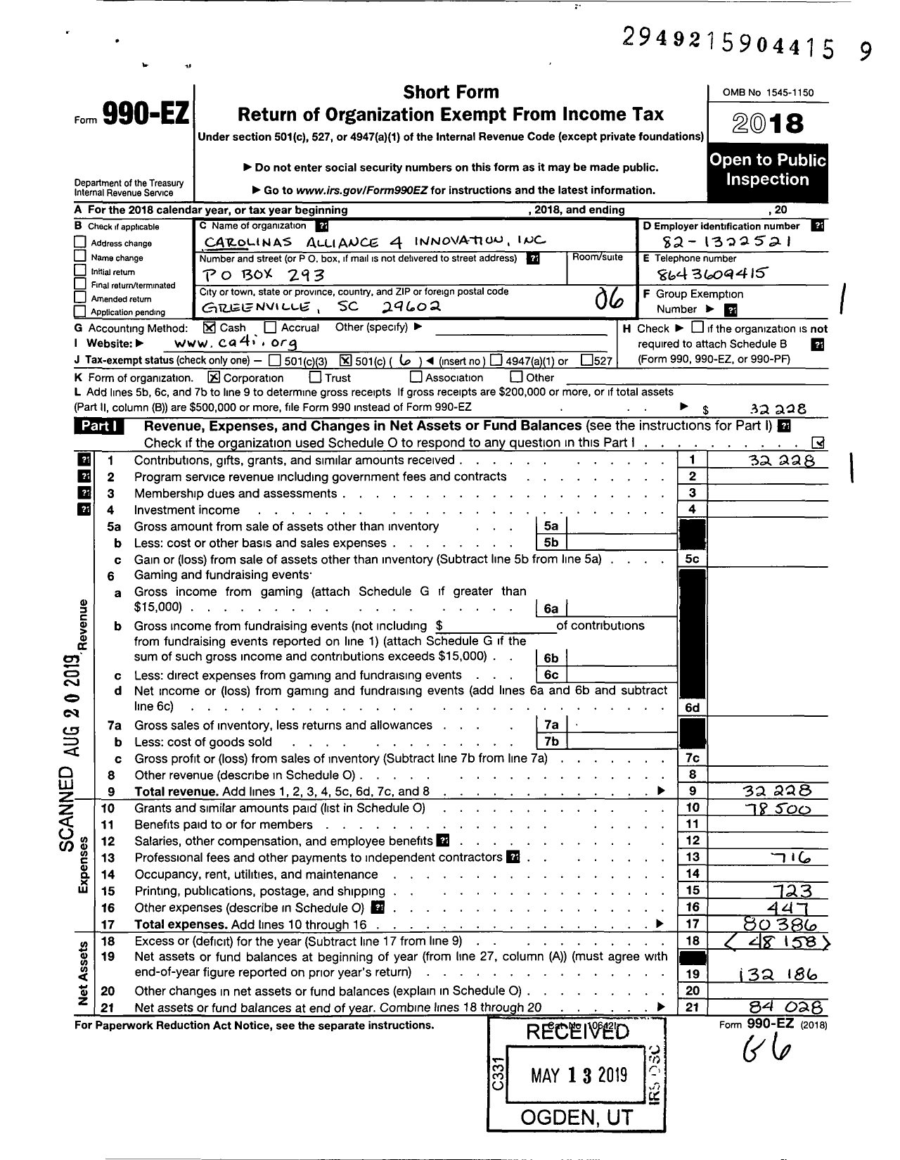 Image of first page of 2018 Form 990EO for Carolinas Alliance 4 Innovation