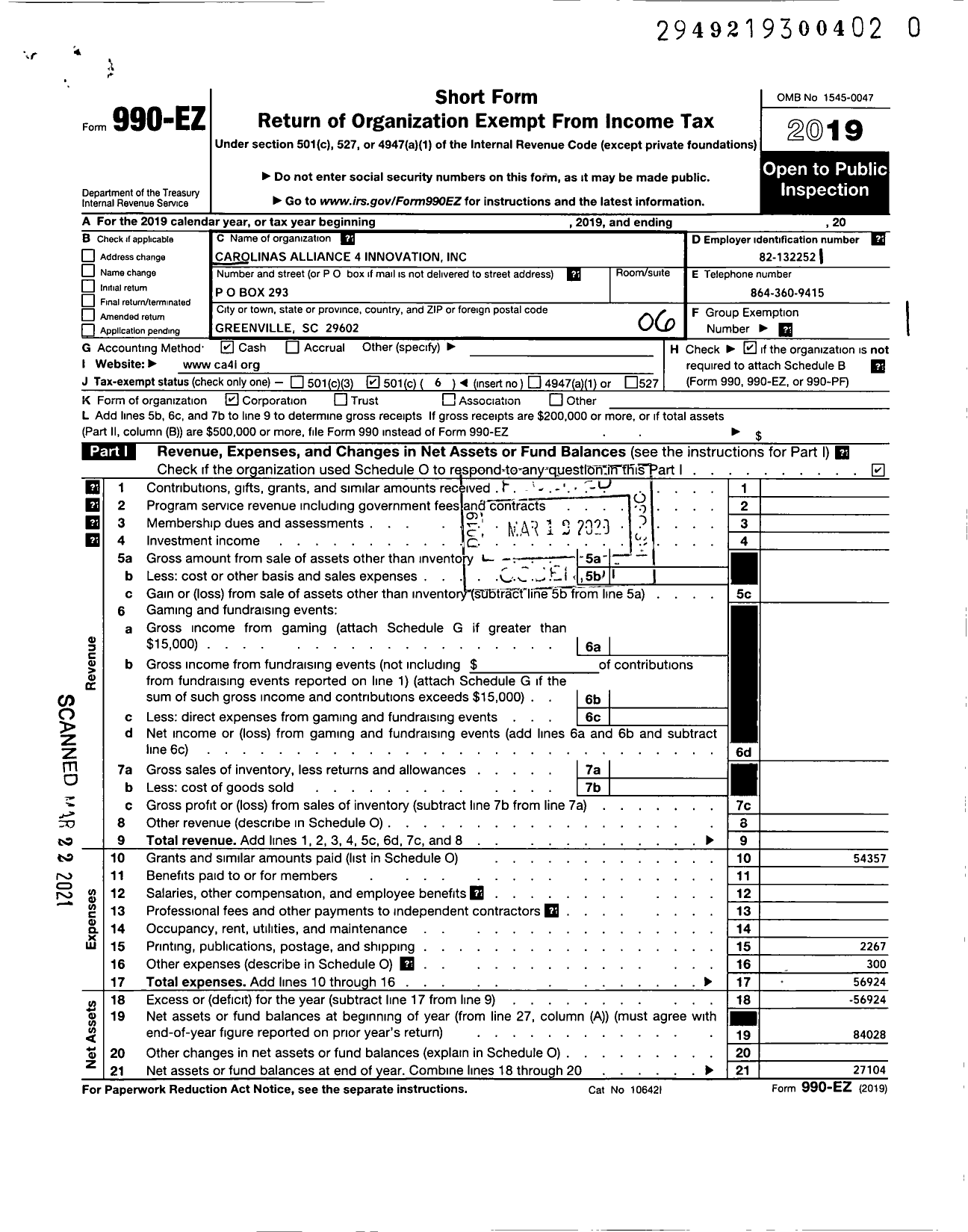 Image of first page of 2019 Form 990EO for Carolinas Alliance 4 Innovation