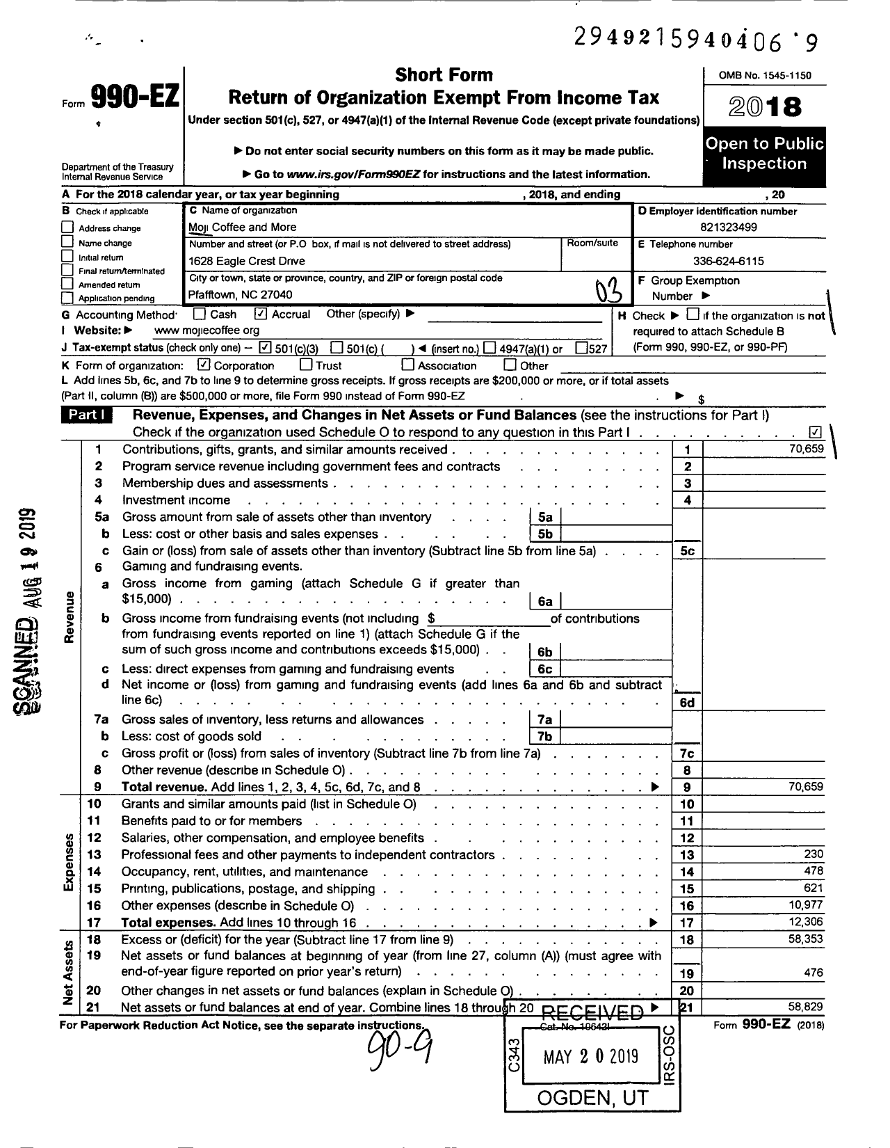 Image of first page of 2018 Form 990EZ for Moji Coffee and More