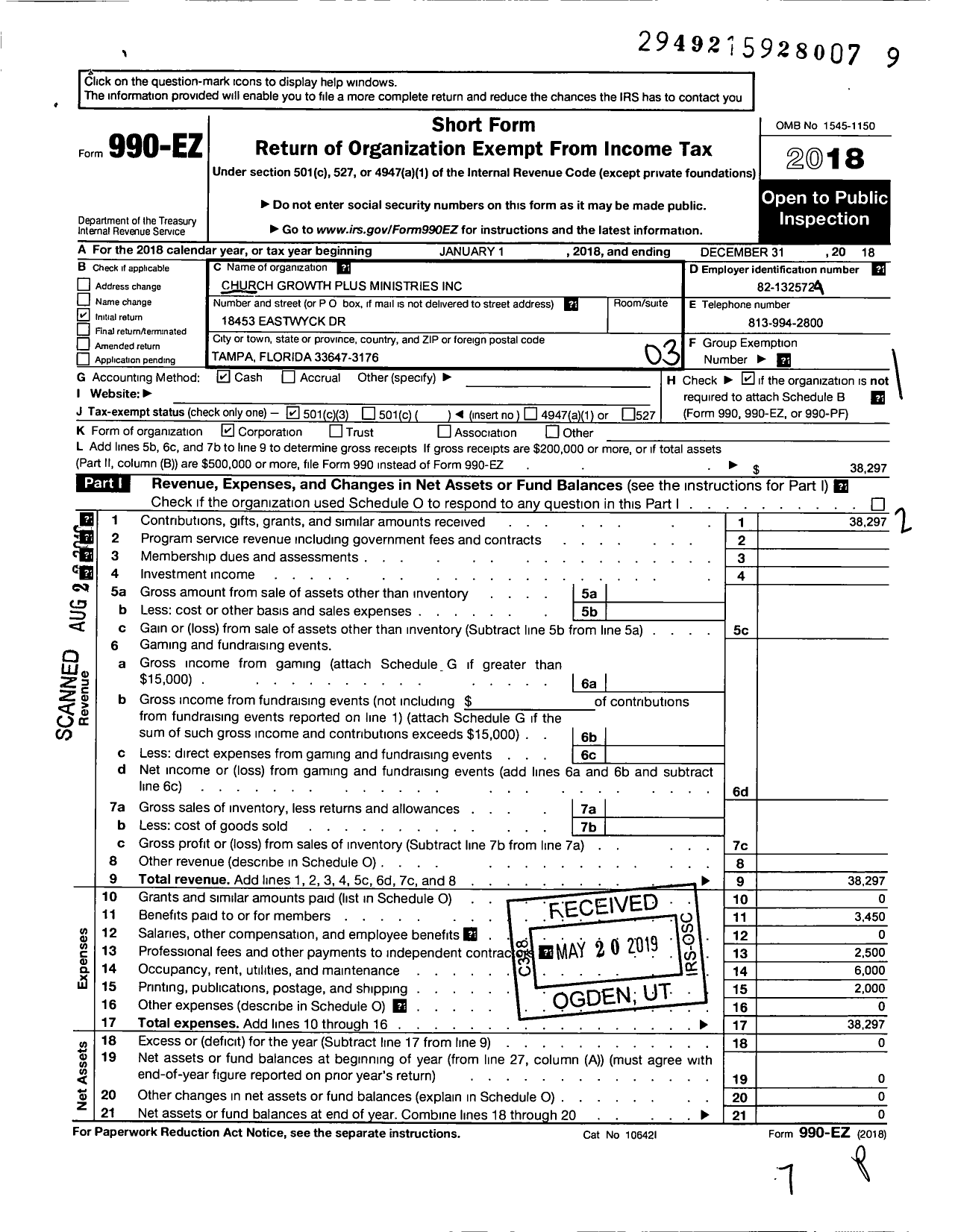 Image of first page of 2018 Form 990EZ for Church Growth Plus Ministries