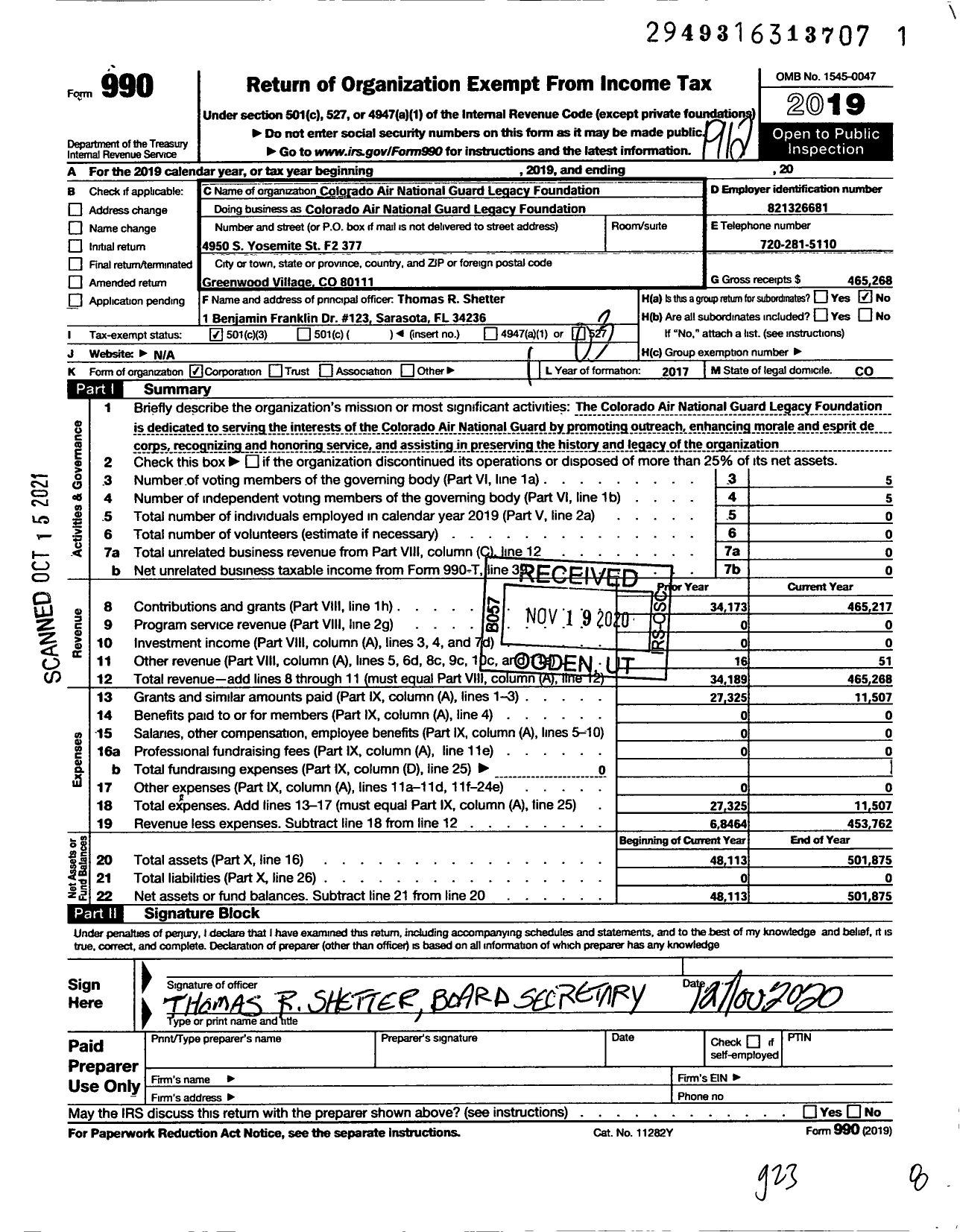 Image of first page of 2019 Form 990 for Colorado Air National Guard Legacy Foundation