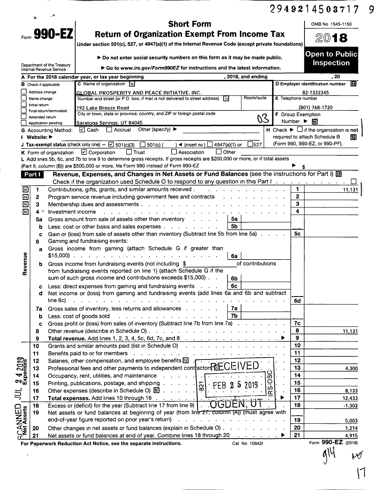 Image of first page of 2018 Form 990EZ for Global Prosperity and Peace Initiative