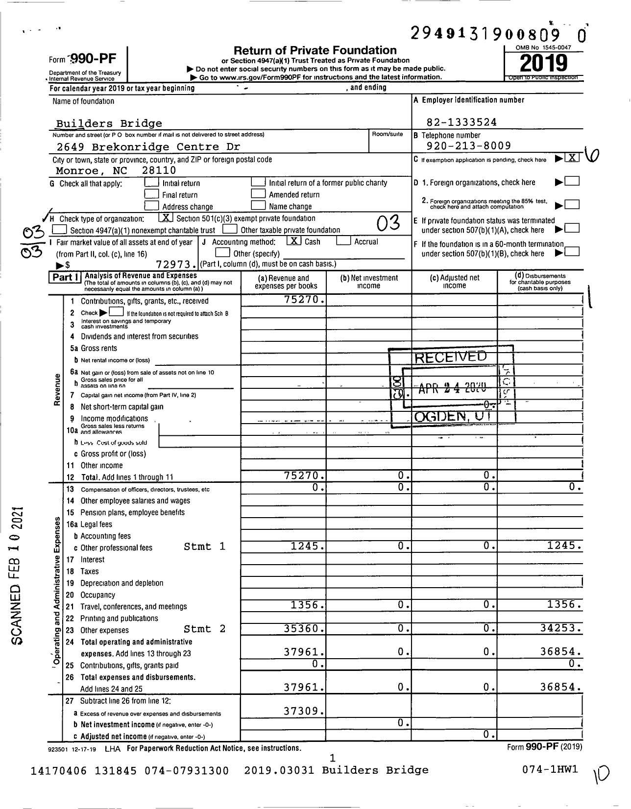 Image of first page of 2019 Form 990PF for Builders Bridge