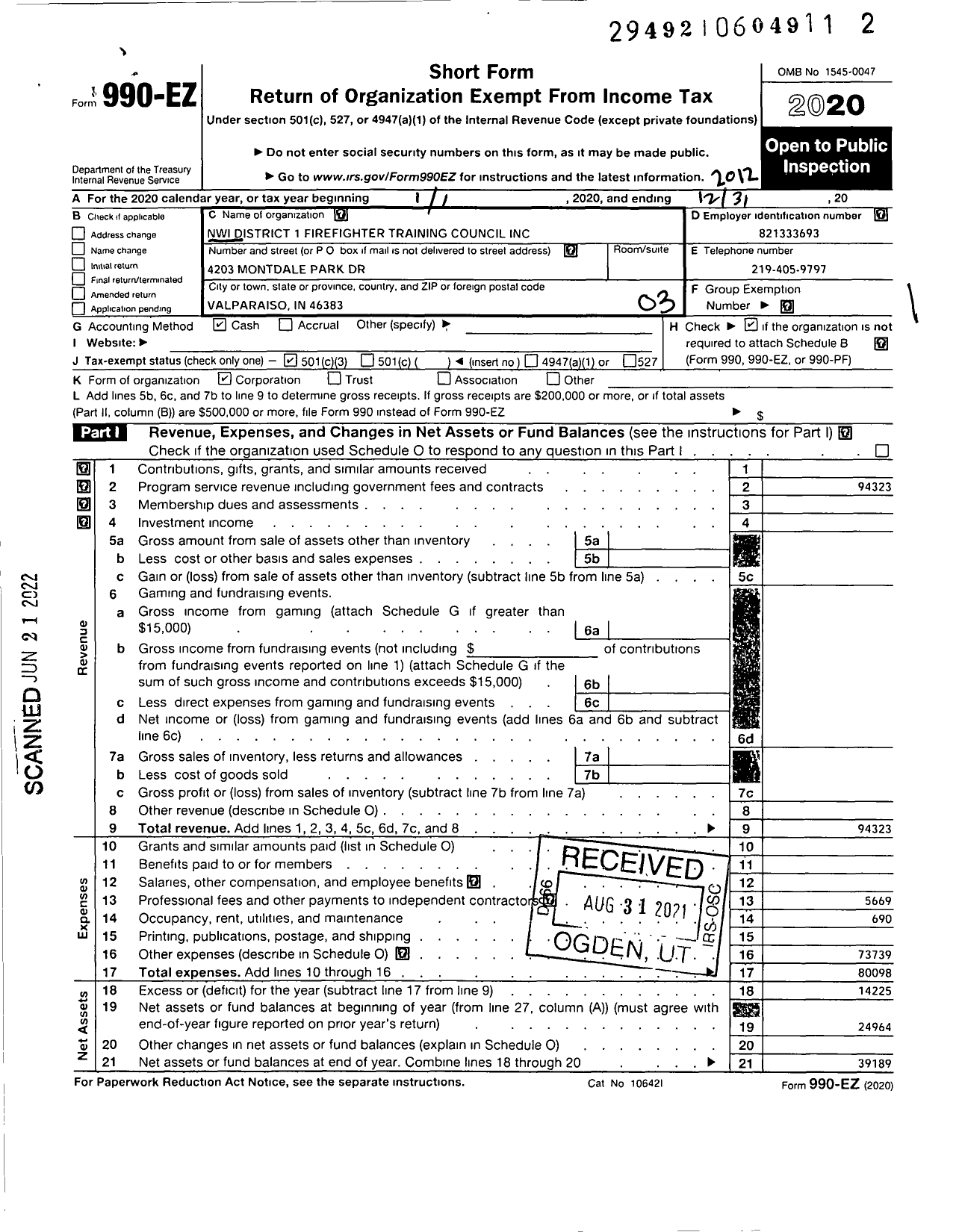 Image of first page of 2020 Form 990EZ for Northwest Indiana District 1 Fire Fighter Training Council