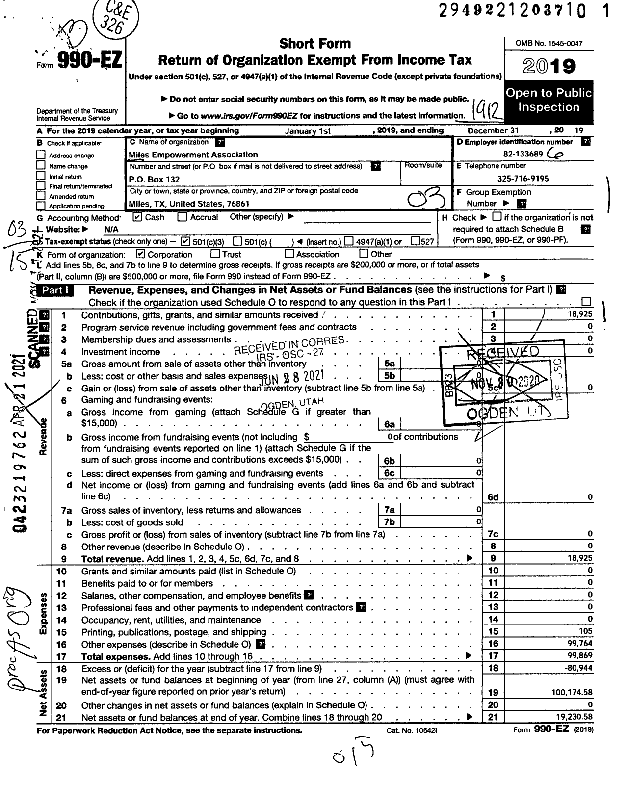 Image of first page of 2019 Form 990EZ for Miles Empowerment Association (MEA)