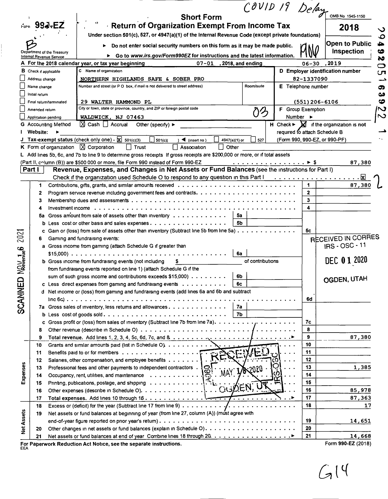 Image of first page of 2018 Form 990EZ for Northern Highlands Safe and Sober Project Graduation