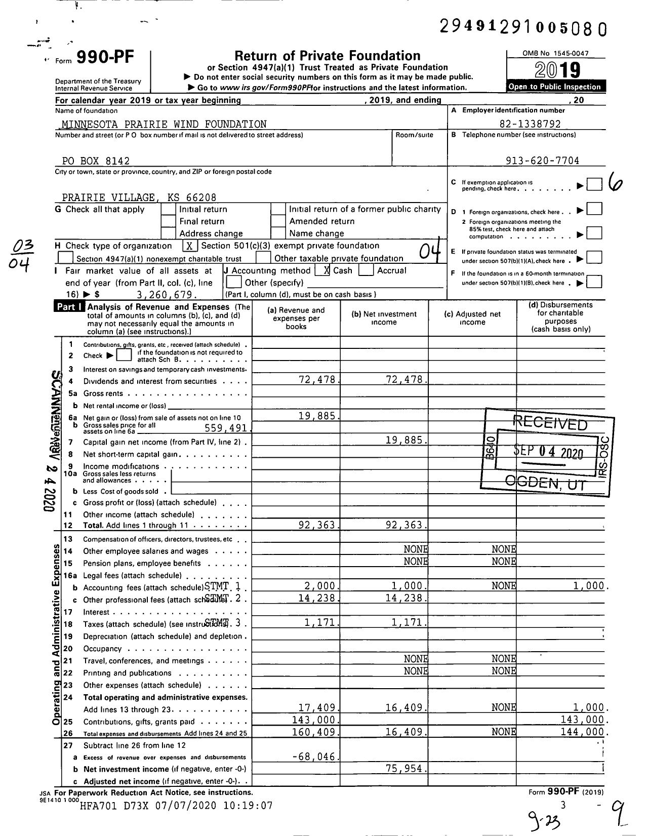Image of first page of 2019 Form 990PF for Minnesota Prairie Wind Foundation
