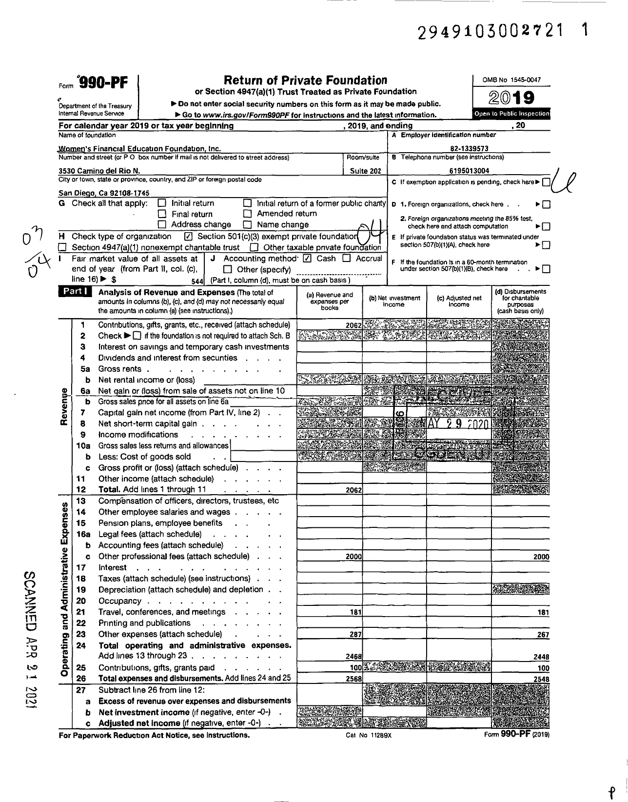 Image of first page of 2019 Form 990PF for Women's Financial Education Foundation