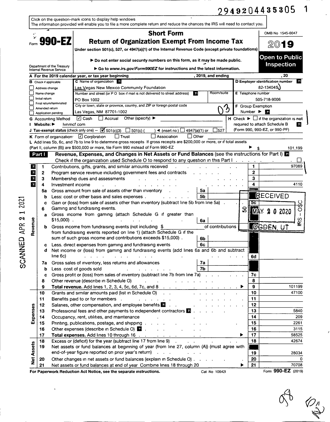 Image of first page of 2019 Form 990EZ for Las Vegas New Mexico Community Foundation