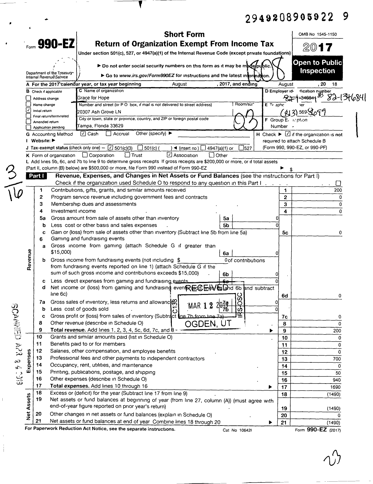 Image of first page of 2017 Form 990EZ for Grace for Hope