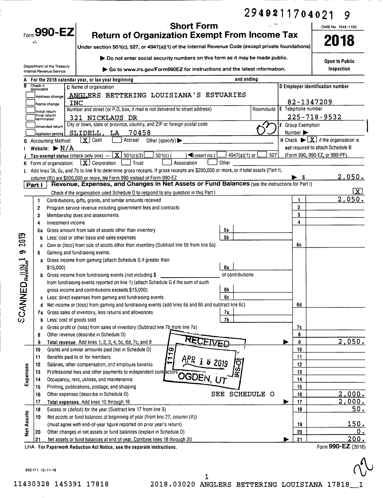 Image of first page of 2018 Form 990EZ for Anglers Bettering Louisianas Estuaries