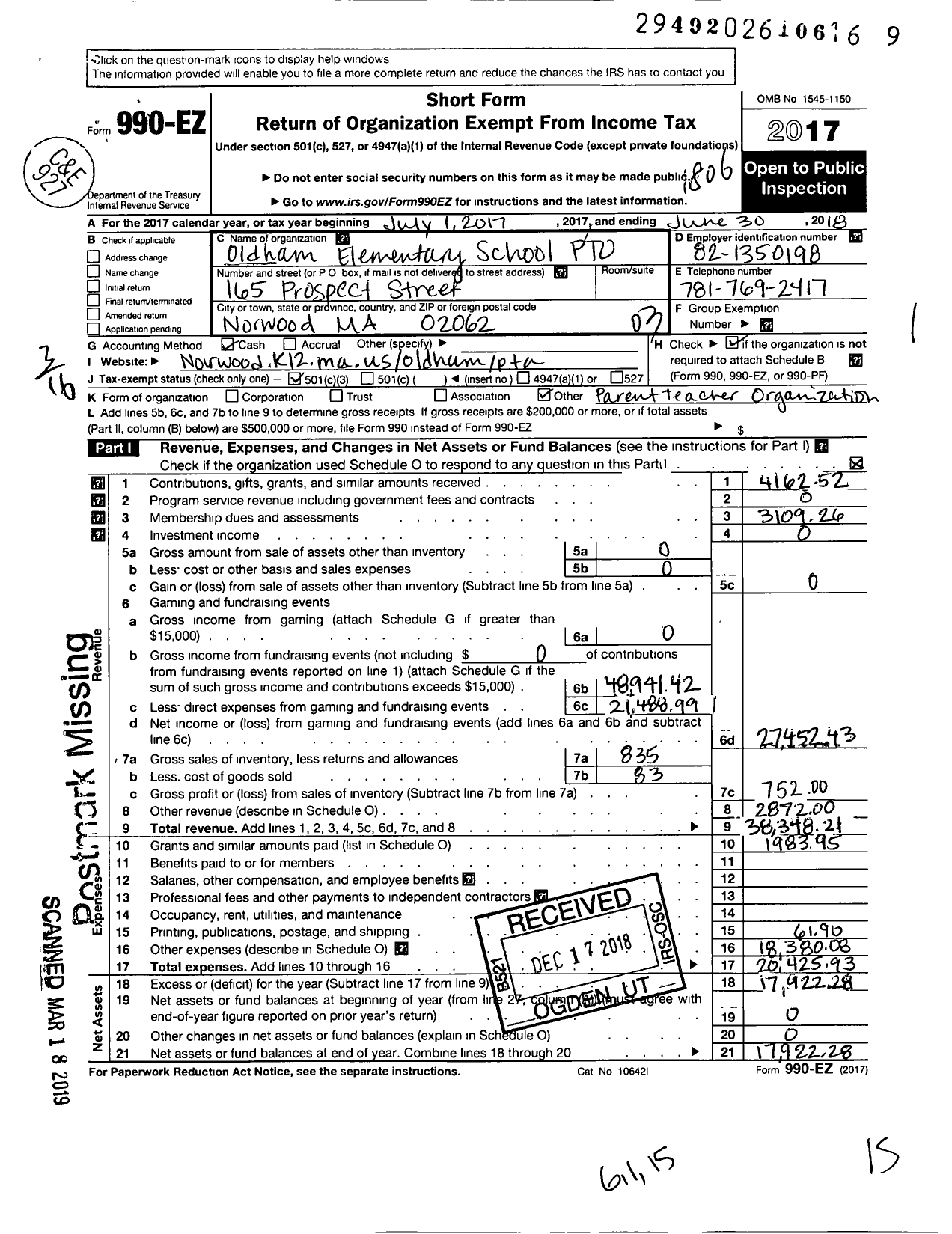 Image of first page of 2017 Form 990EZ for Oldham Elementary School Pto