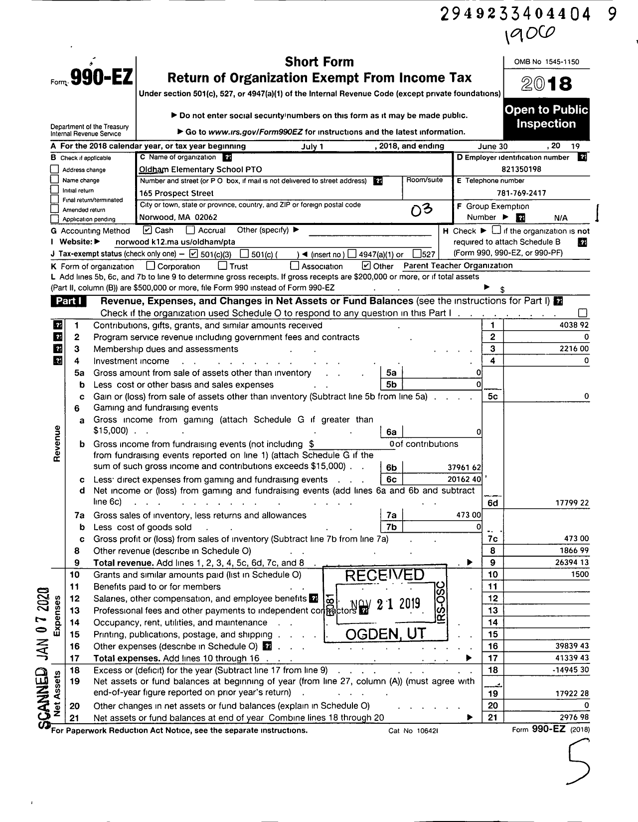 Image of first page of 2018 Form 990EZ for Oldham Elementary School Pto