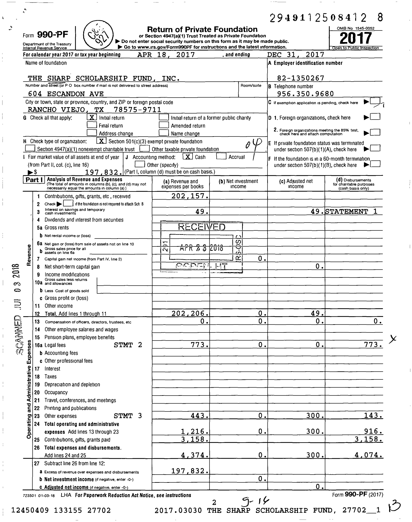 Image of first page of 2017 Form 990PF for The Sharp Scholarship Fund
