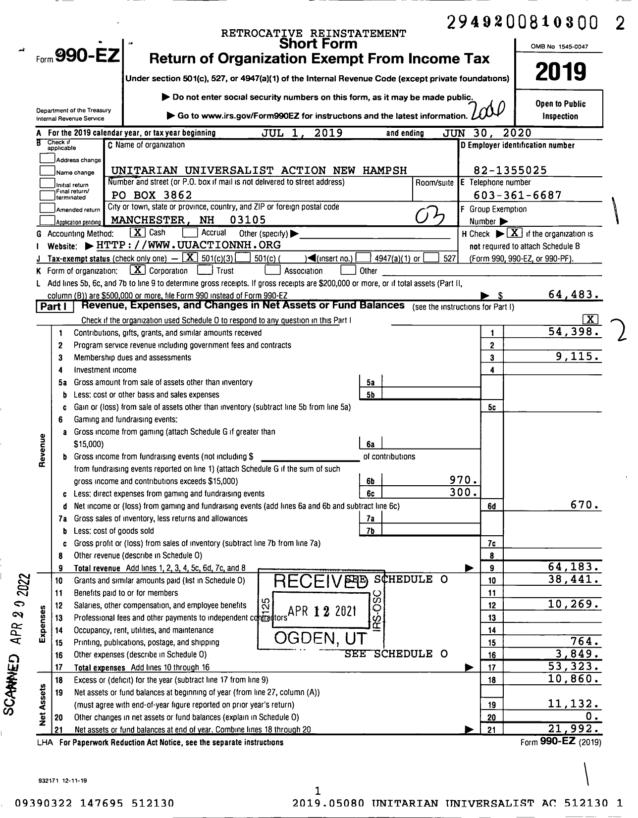 Image of first page of 2019 Form 990EZ for Unitarian Universalist Action New Hampshire