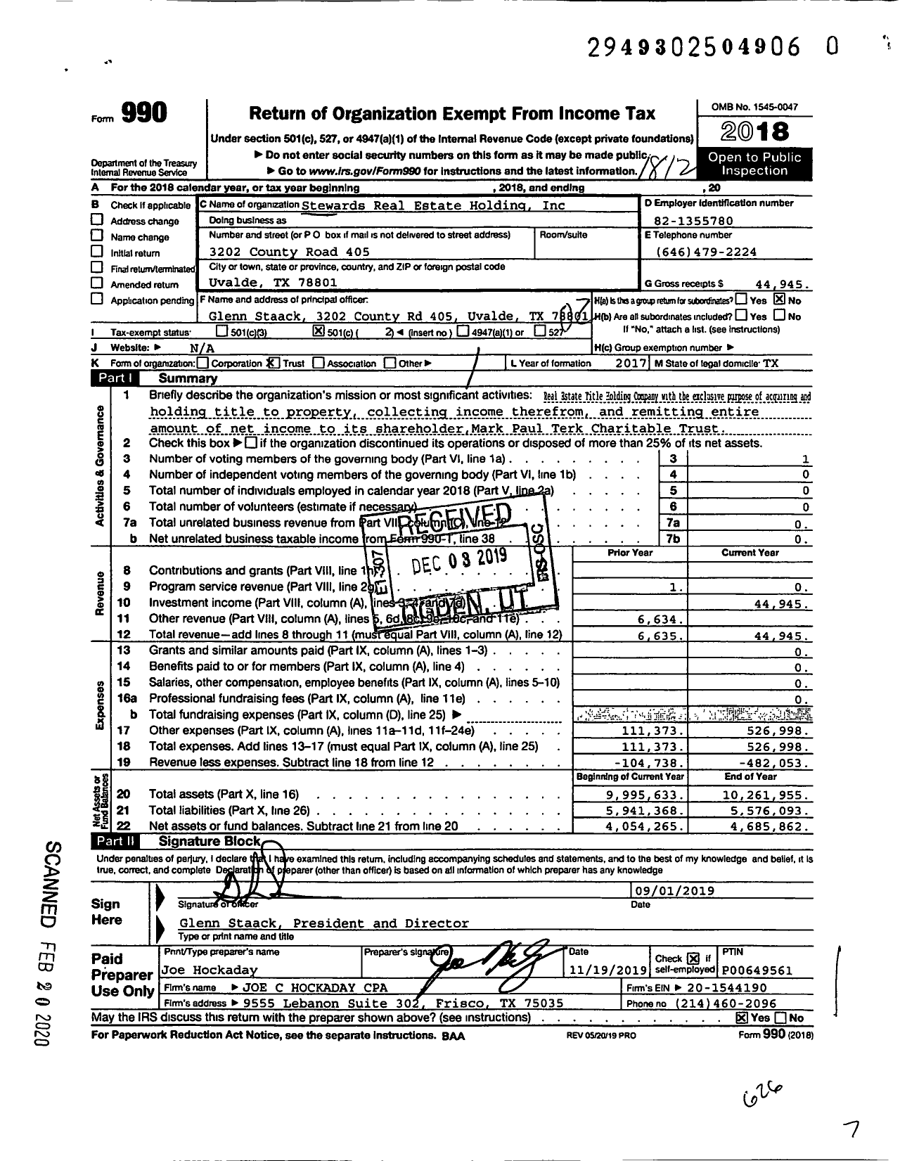Image of first page of 2018 Form 990O for Mark Terk Charitable Foundation