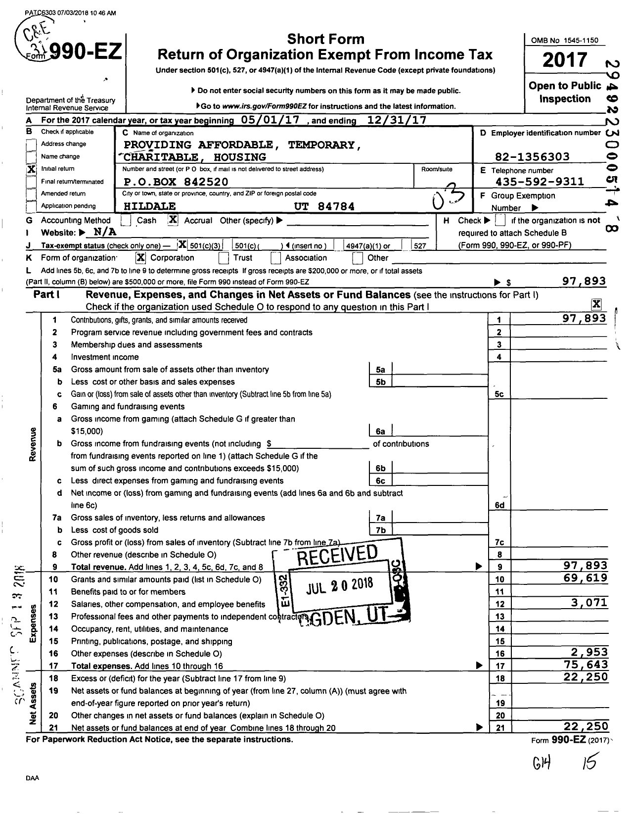 Image of first page of 2017 Form 990EZ for Providing Affordable Transitional Charitable Housing (PATCH)