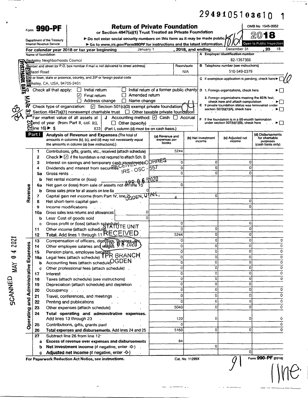 Image of first page of 2018 Form 990PF for Berkeley Neighborhoods Council