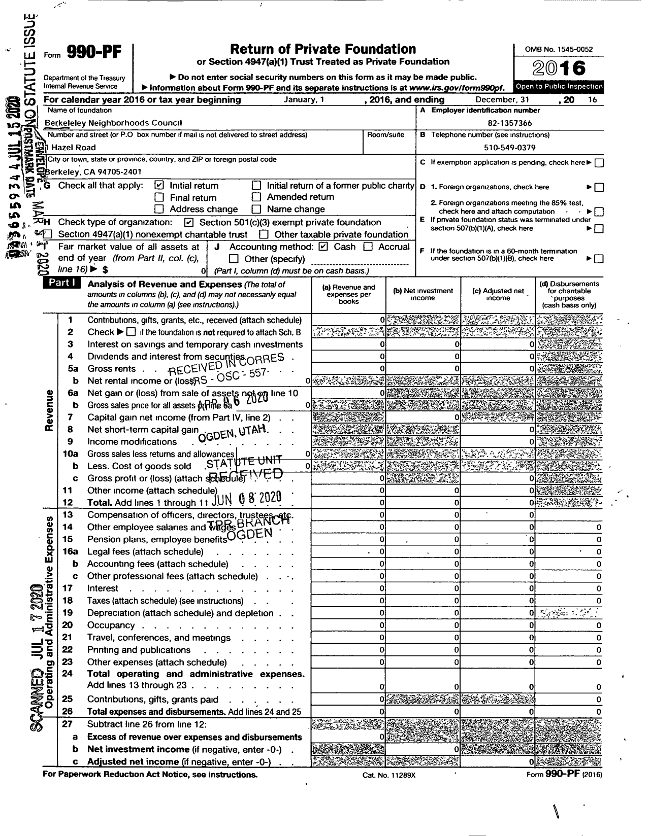 Image of first page of 2016 Form 990PA for Berkeley Neighborhoods Council