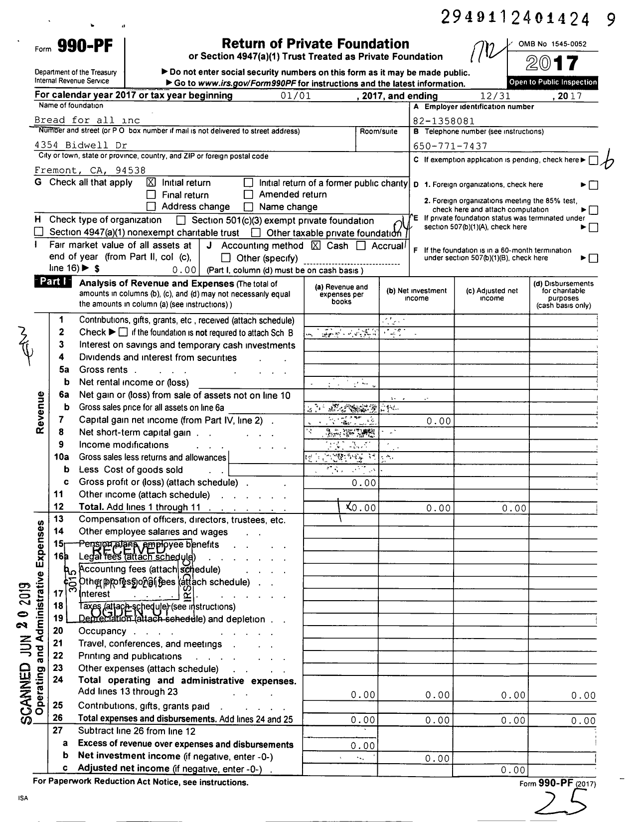 Image of first page of 2017 Form 990PF for Bread for All