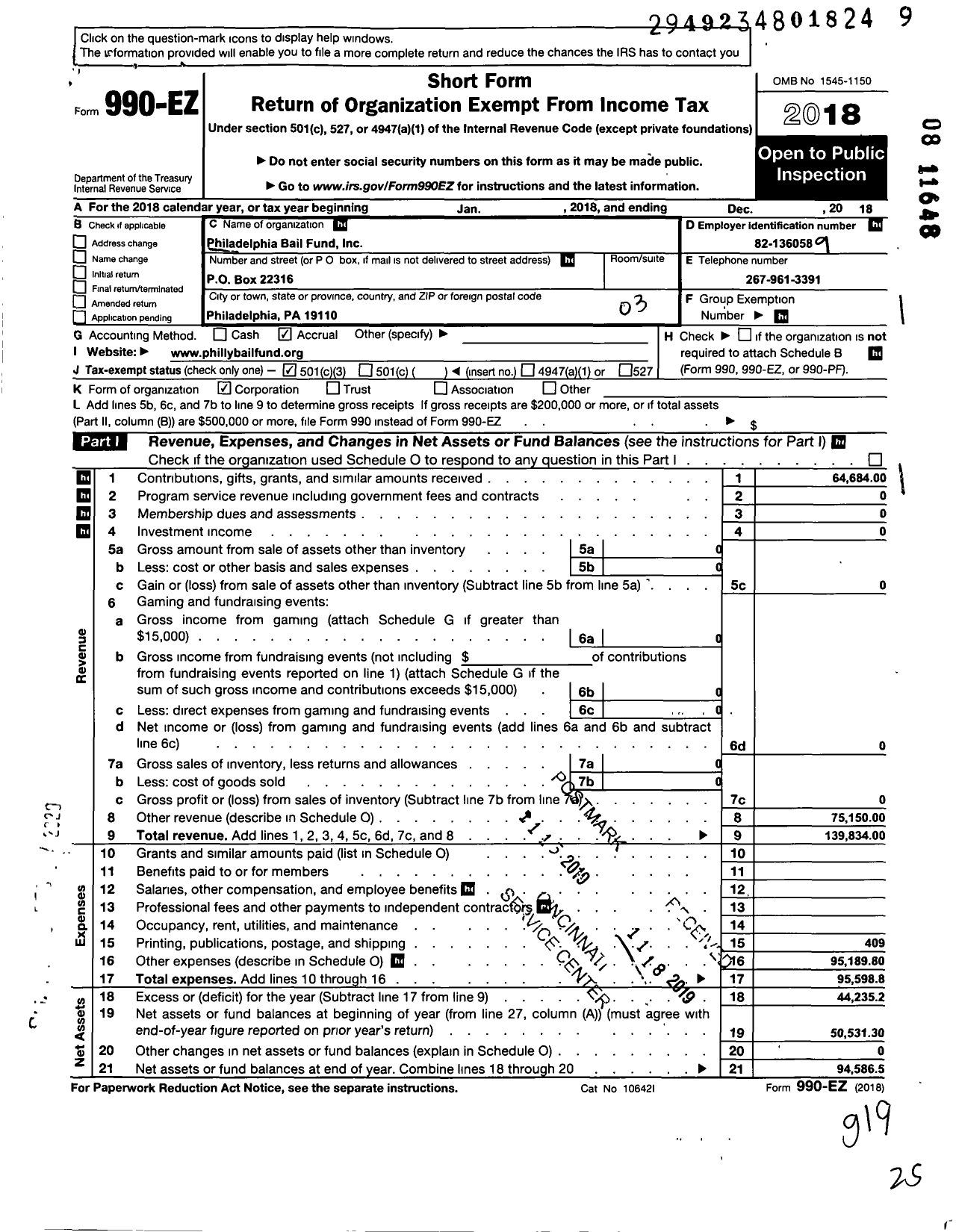 Image of first page of 2018 Form 990EZ for Philadelphia Bail Fund