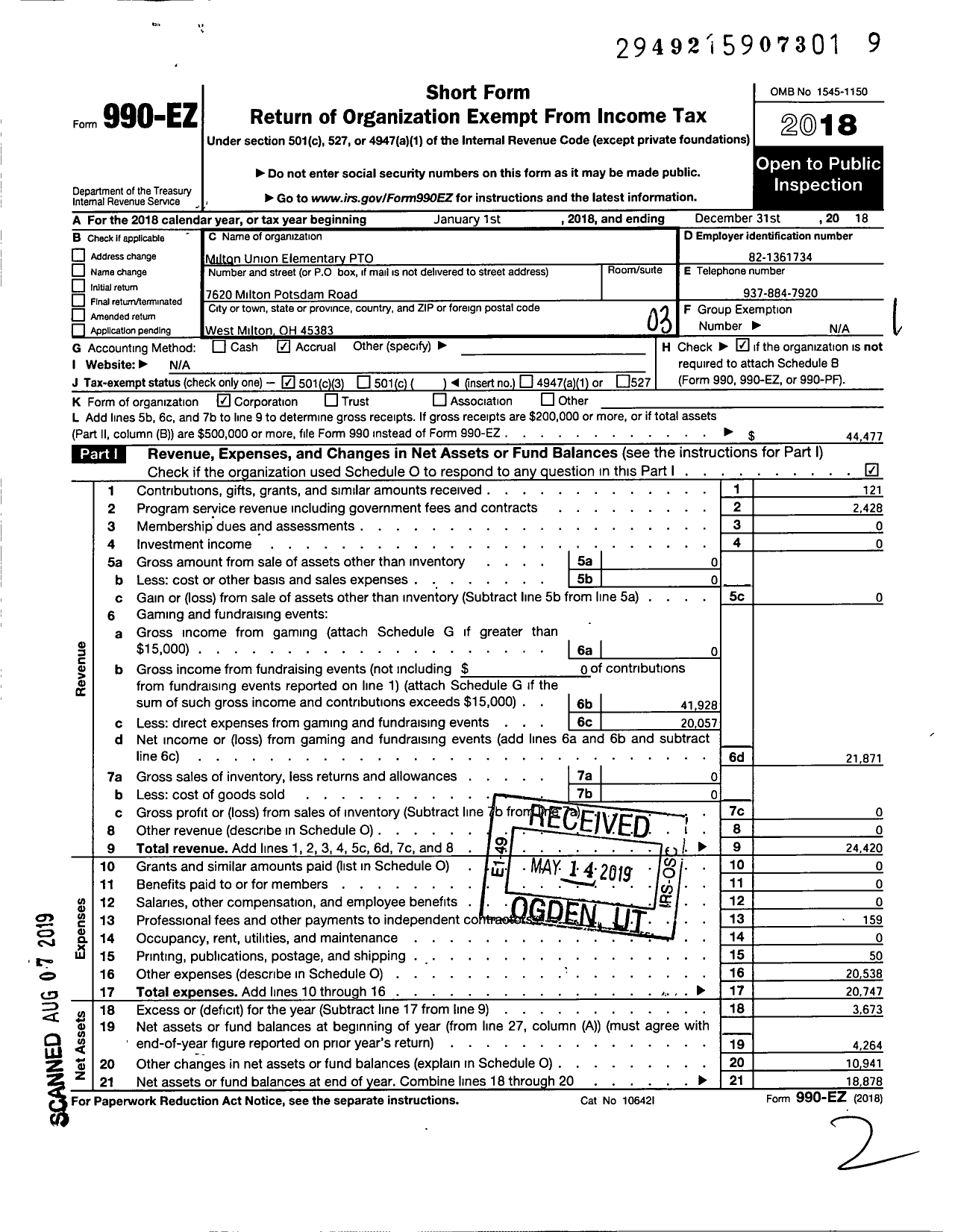 Image of first page of 2018 Form 990EZ for Milton-Union Schools PTO