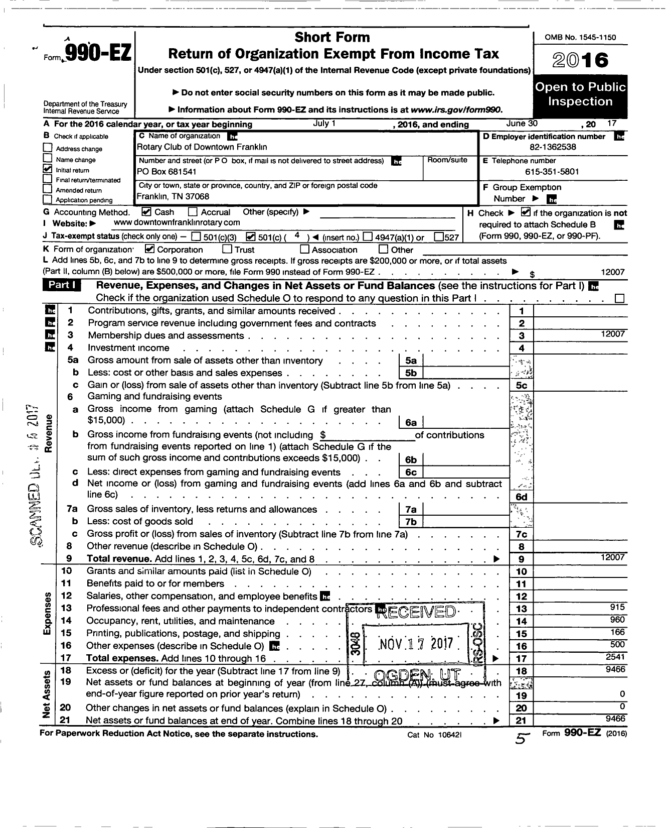 Image of first page of 2016 Form 990EO for Rotary Club of Downtown Franklin