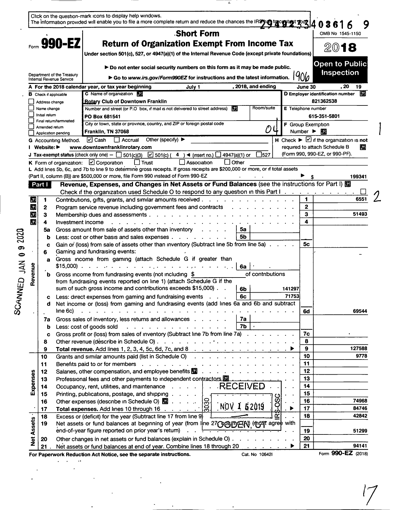 Image of first page of 2018 Form 990EO for Rotary Club of Downtown Franklin