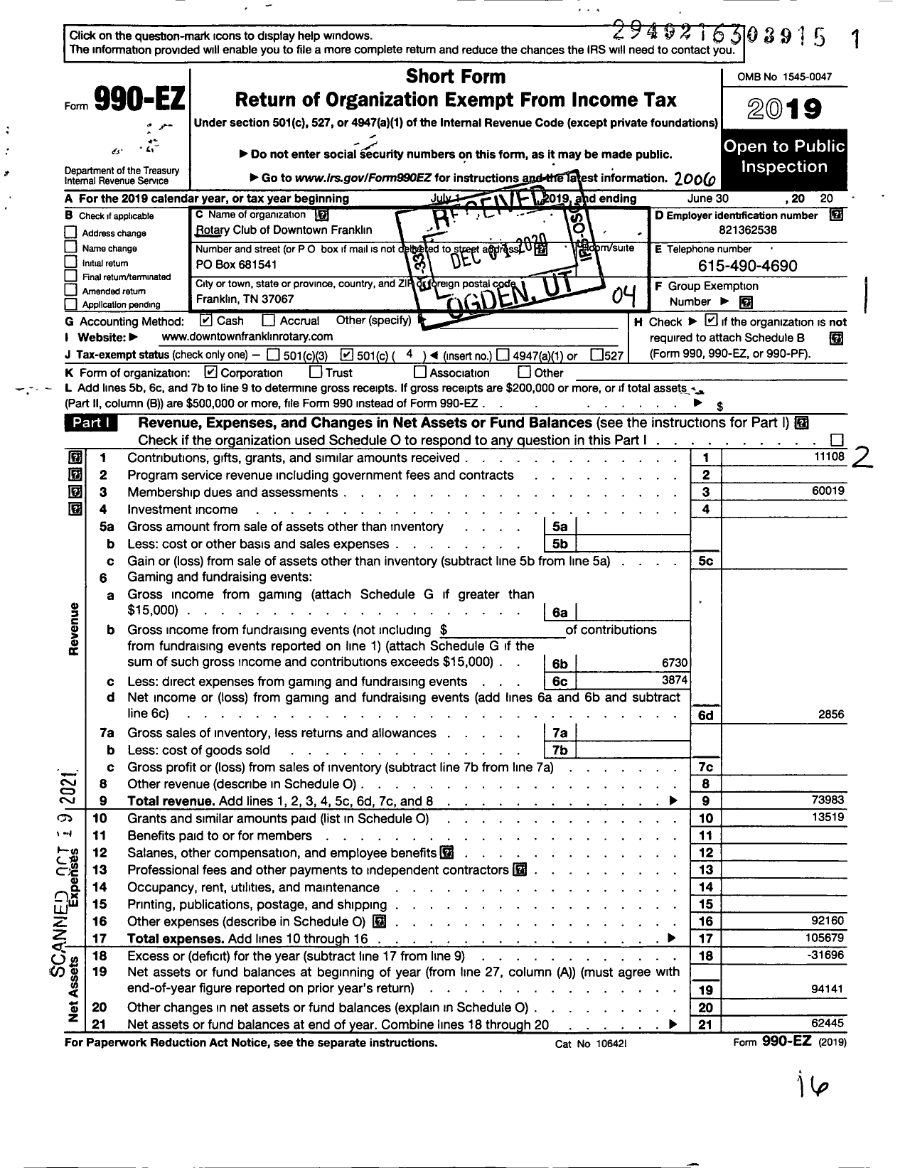 Image of first page of 2019 Form 990EO for Rotary Club of Downtown Franklin