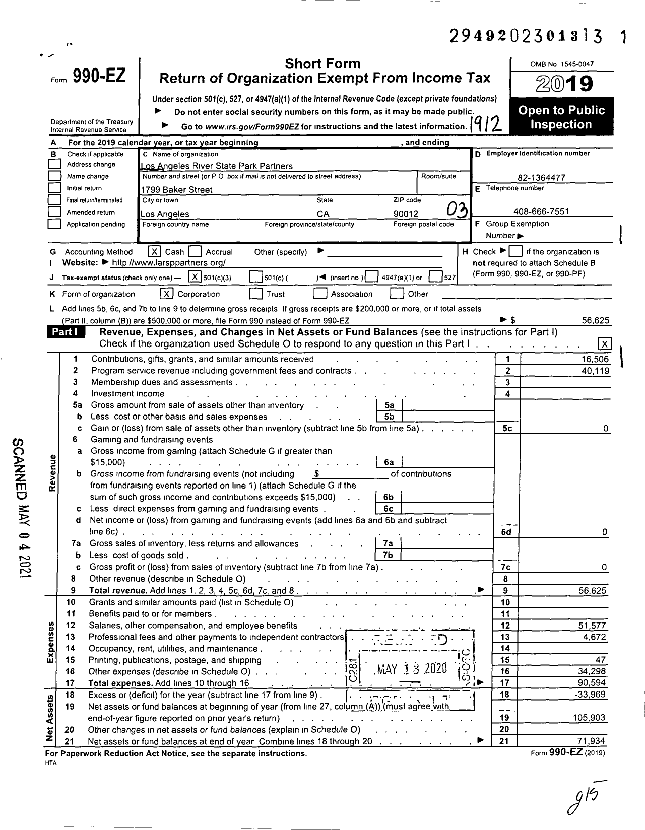 Image of first page of 2019 Form 990EZ for Los Angeles River State Park Partners