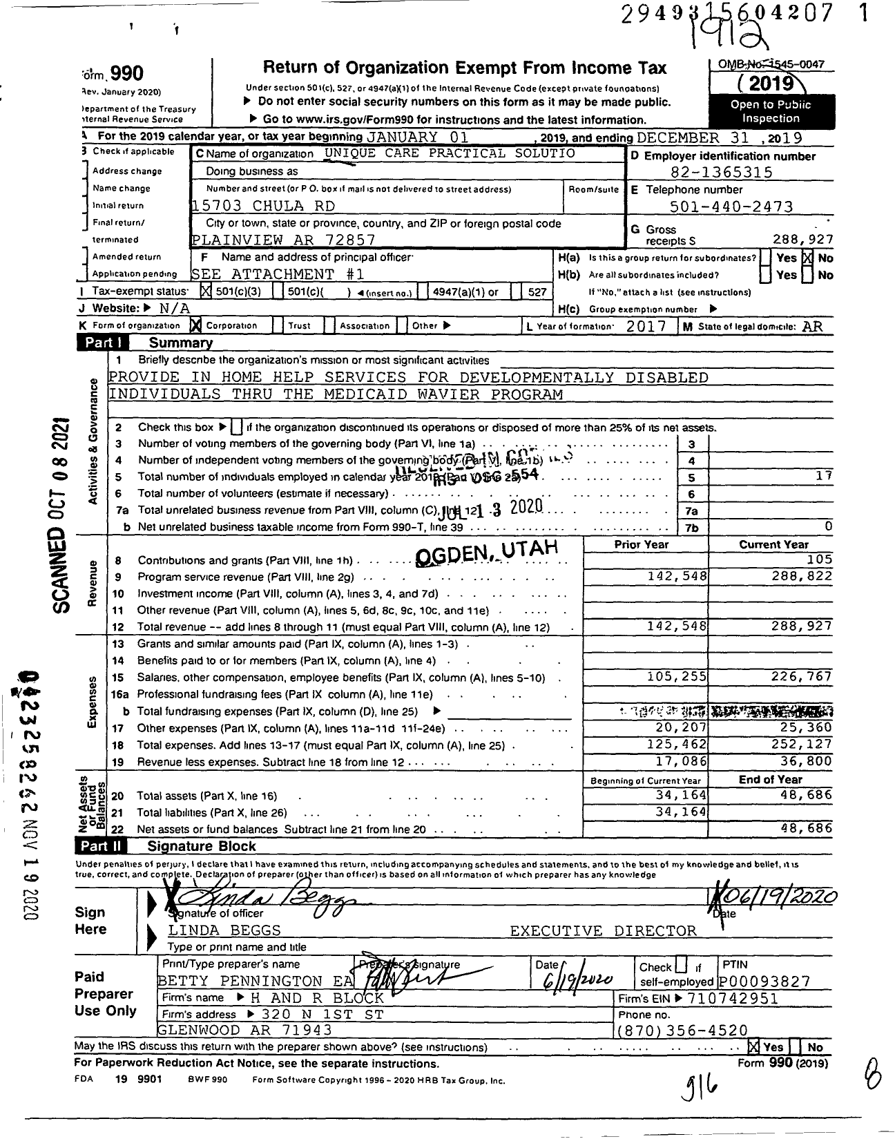 Image of first page of 2019 Form 990 for Unique Care Practical Solutions