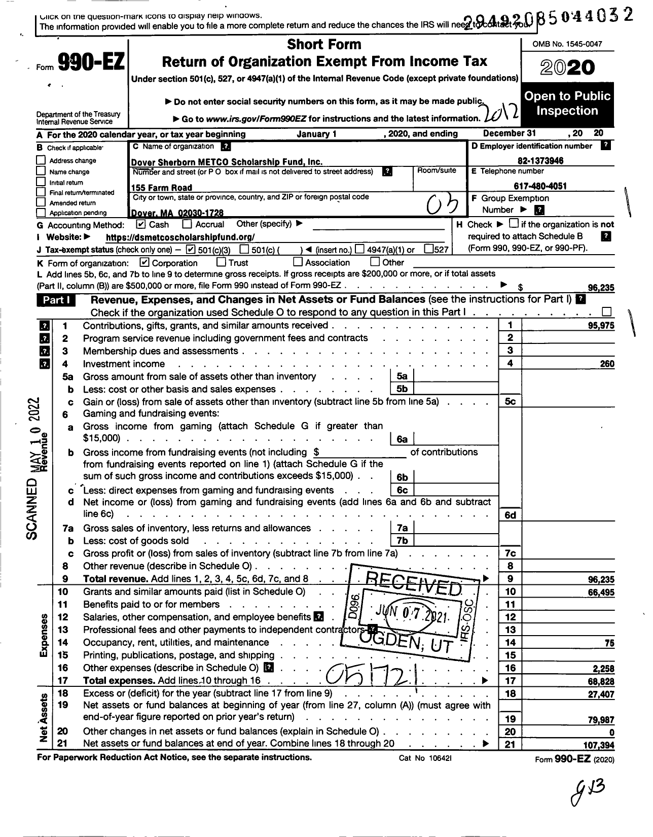 Image of first page of 2020 Form 990EZ for Dover Sherborn Metco Scholarship Fund