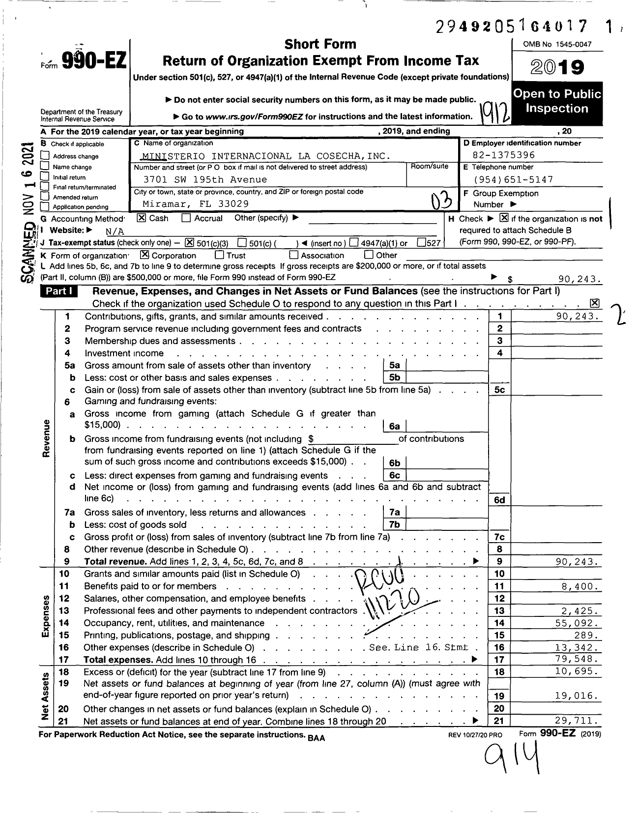 Image of first page of 2019 Form 990EZ for Ministerio Internacional La Cosecha