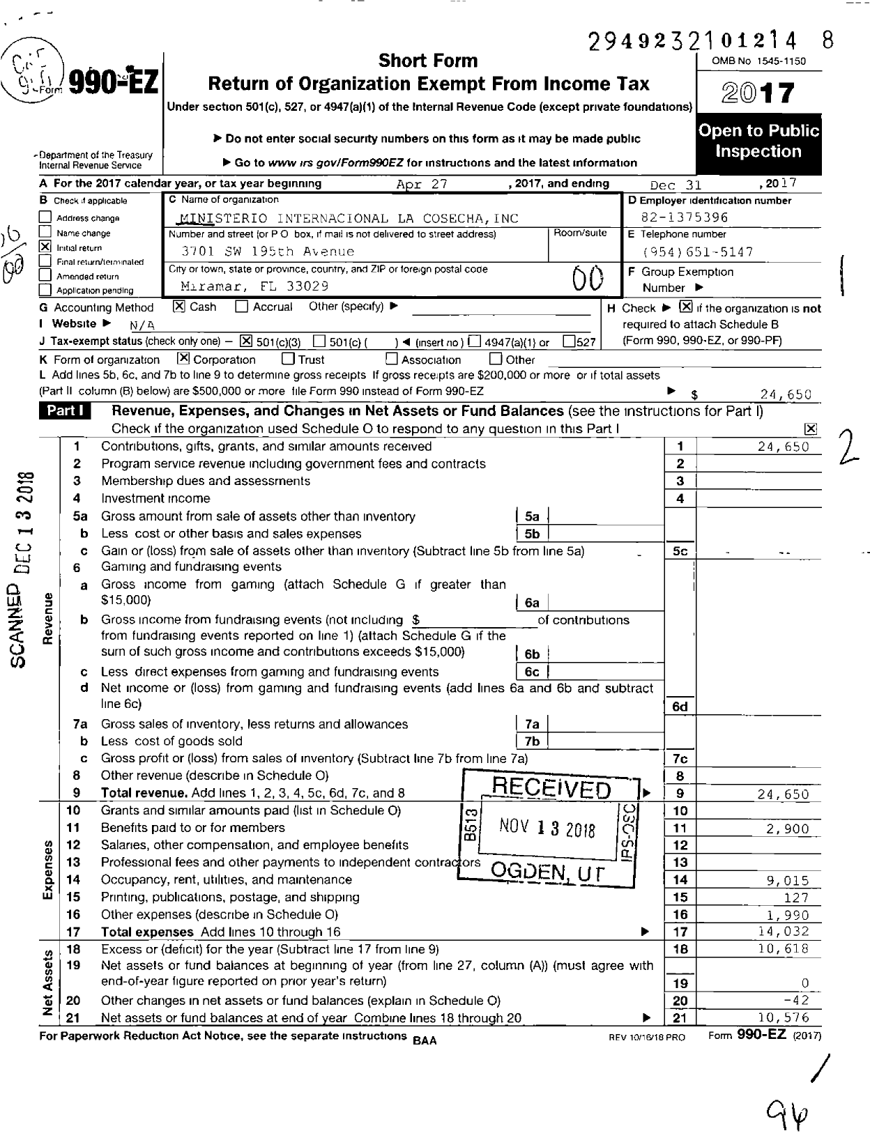 Image of first page of 2017 Form 990EO for Ministerio Internacional La Cosecha