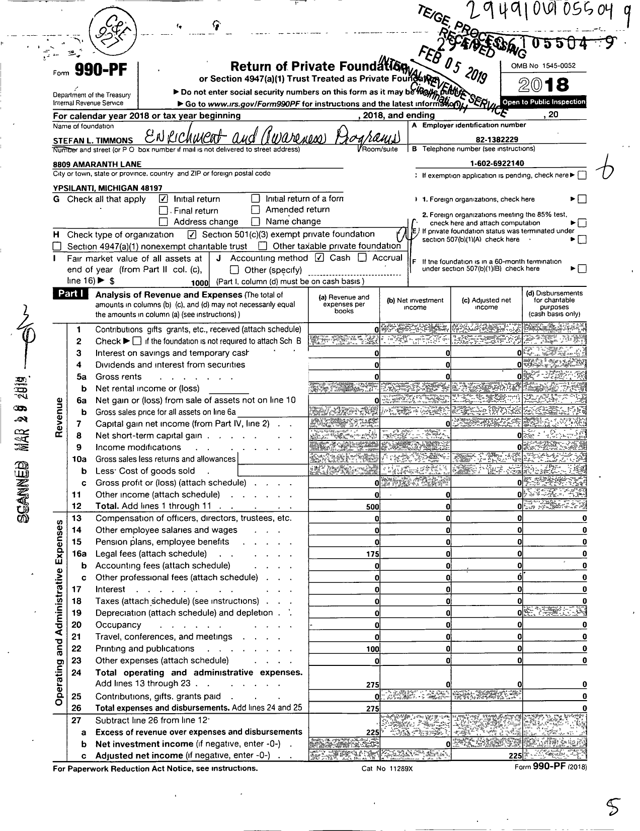 Image of first page of 2018 Form 990PF for Stefan L Timmons Enrichment and Awareness Programs
