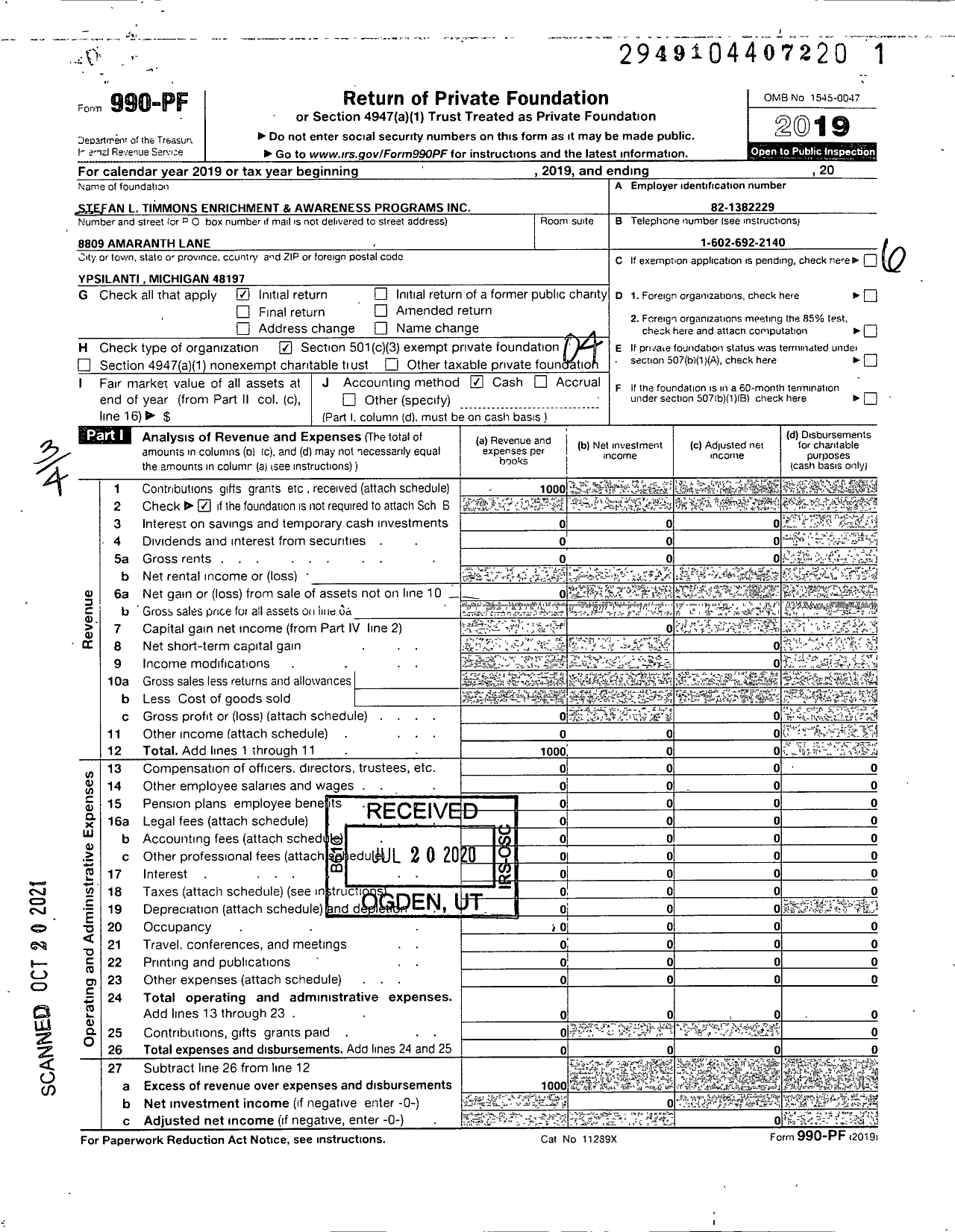 Image of first page of 2019 Form 990PF for Stefan L Timmons Enrichment and Awareness Programs