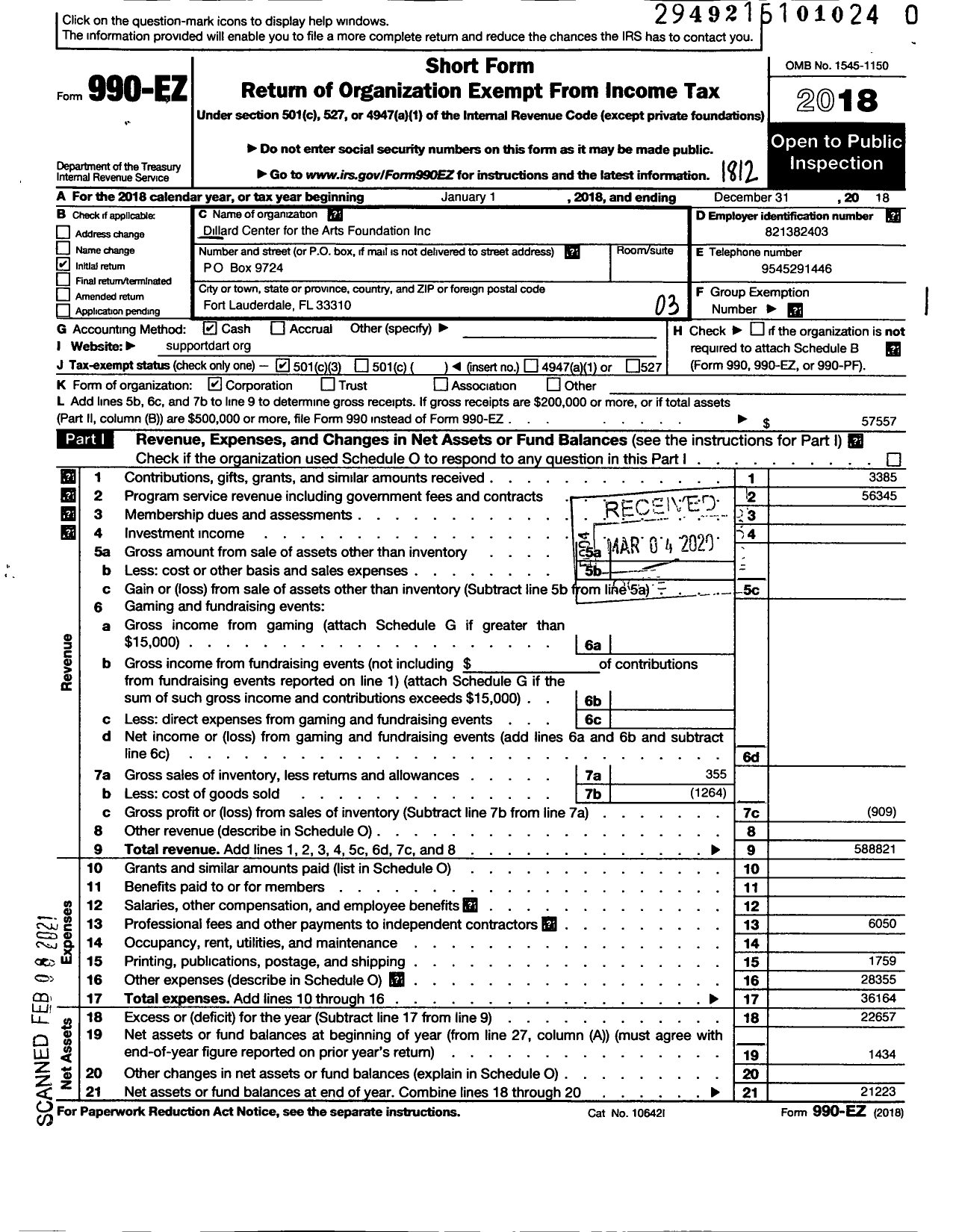 Image of first page of 2018 Form 990EZ for Dillard Center for the Arts Foundation