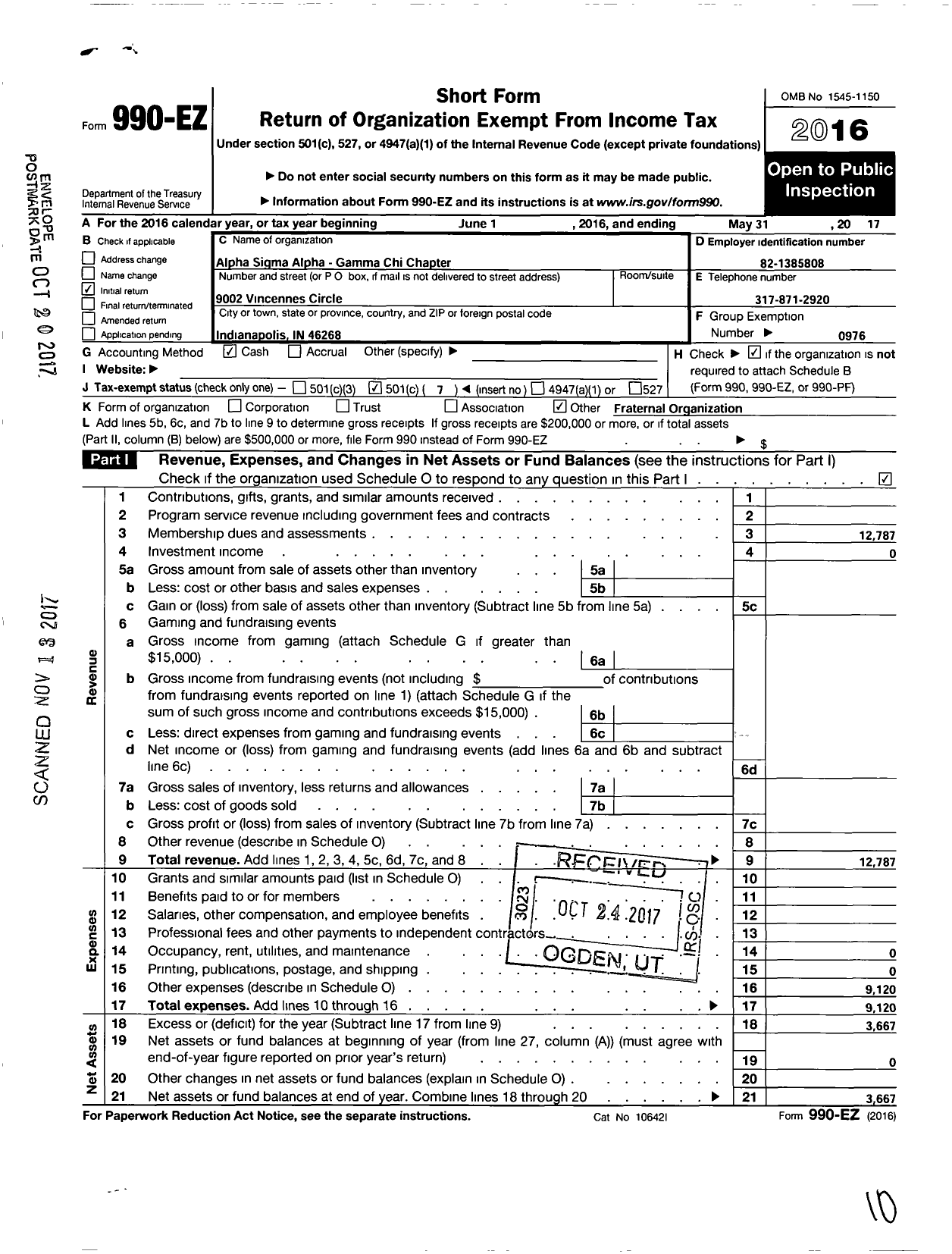 Image of first page of 2016 Form 990EO for Alpha Sigma Alpha Sorority / Gamma Chi Chapter