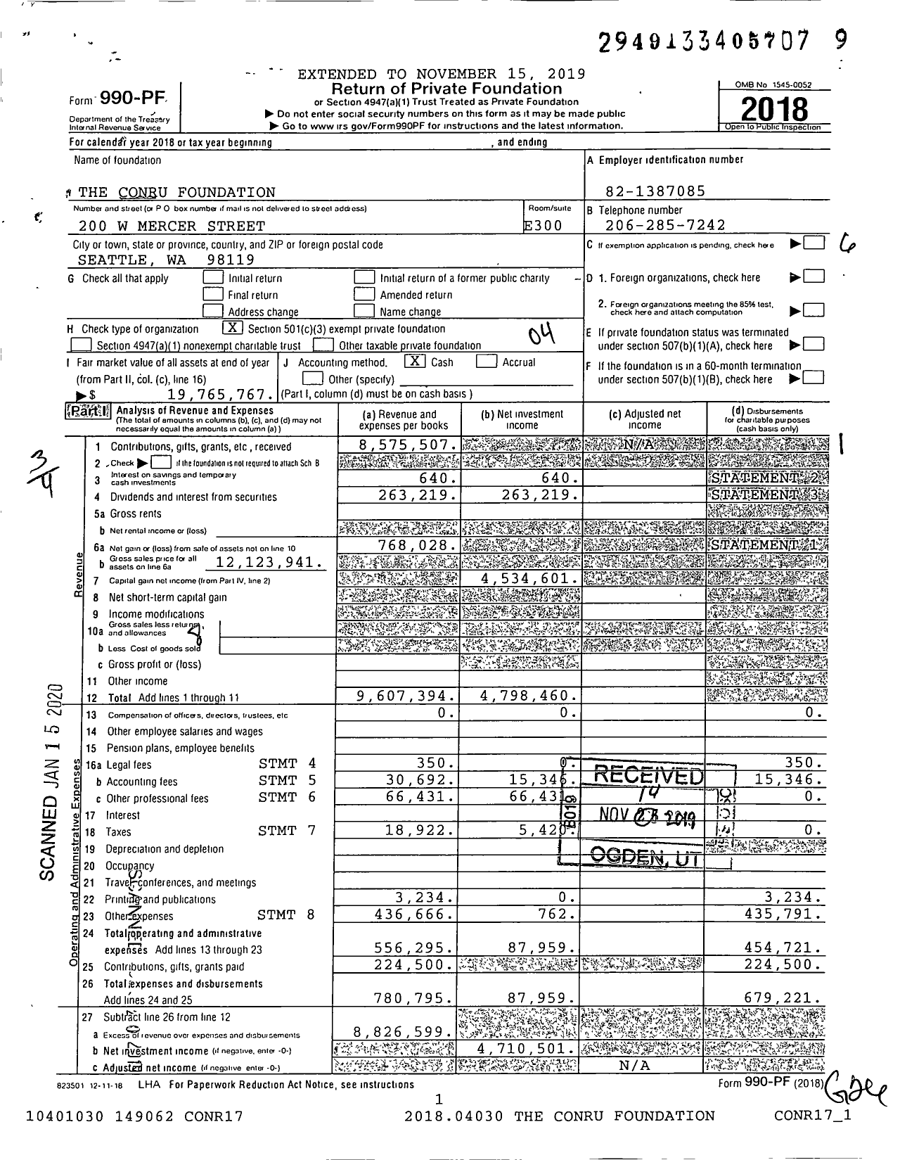 Image of first page of 2018 Form 990PF for The Conru Foundation
