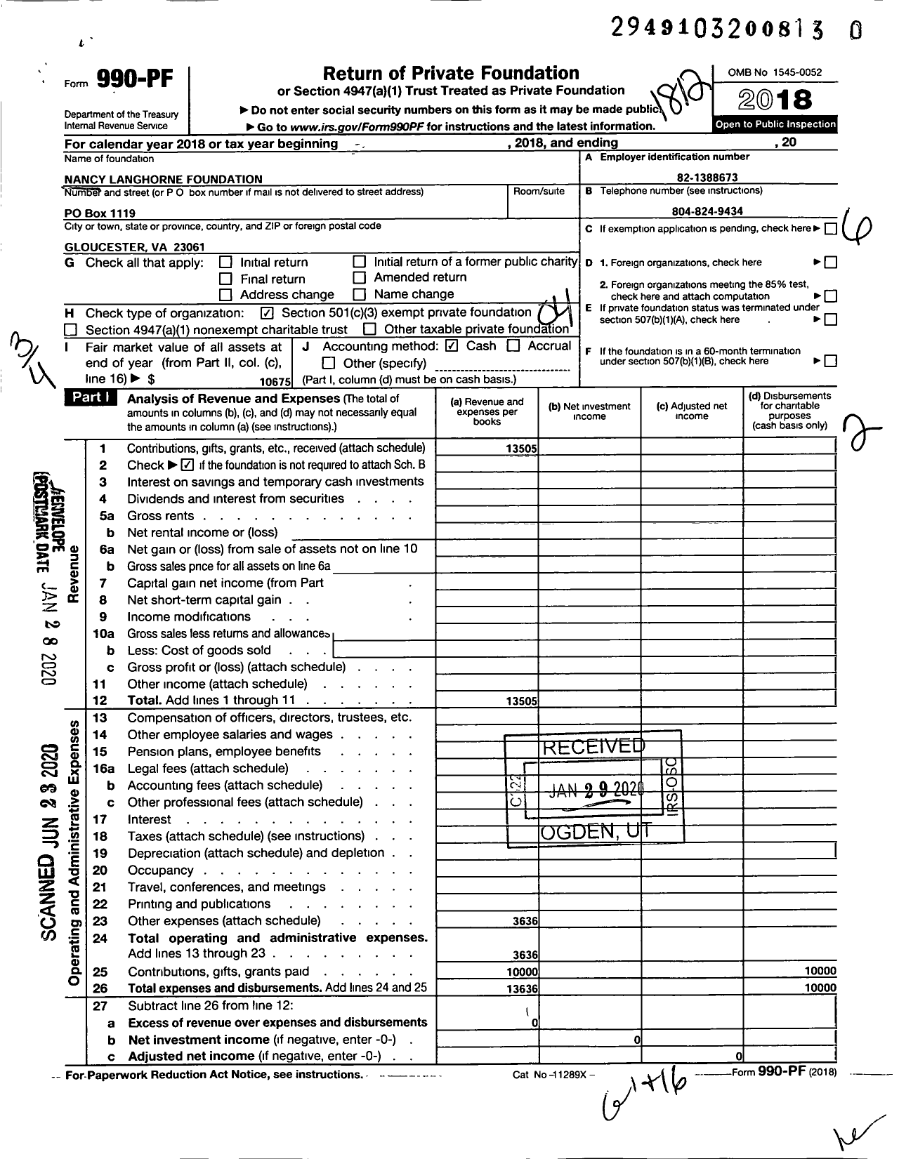 Image of first page of 2018 Form 990PR for Nancy Langhorne Foundation