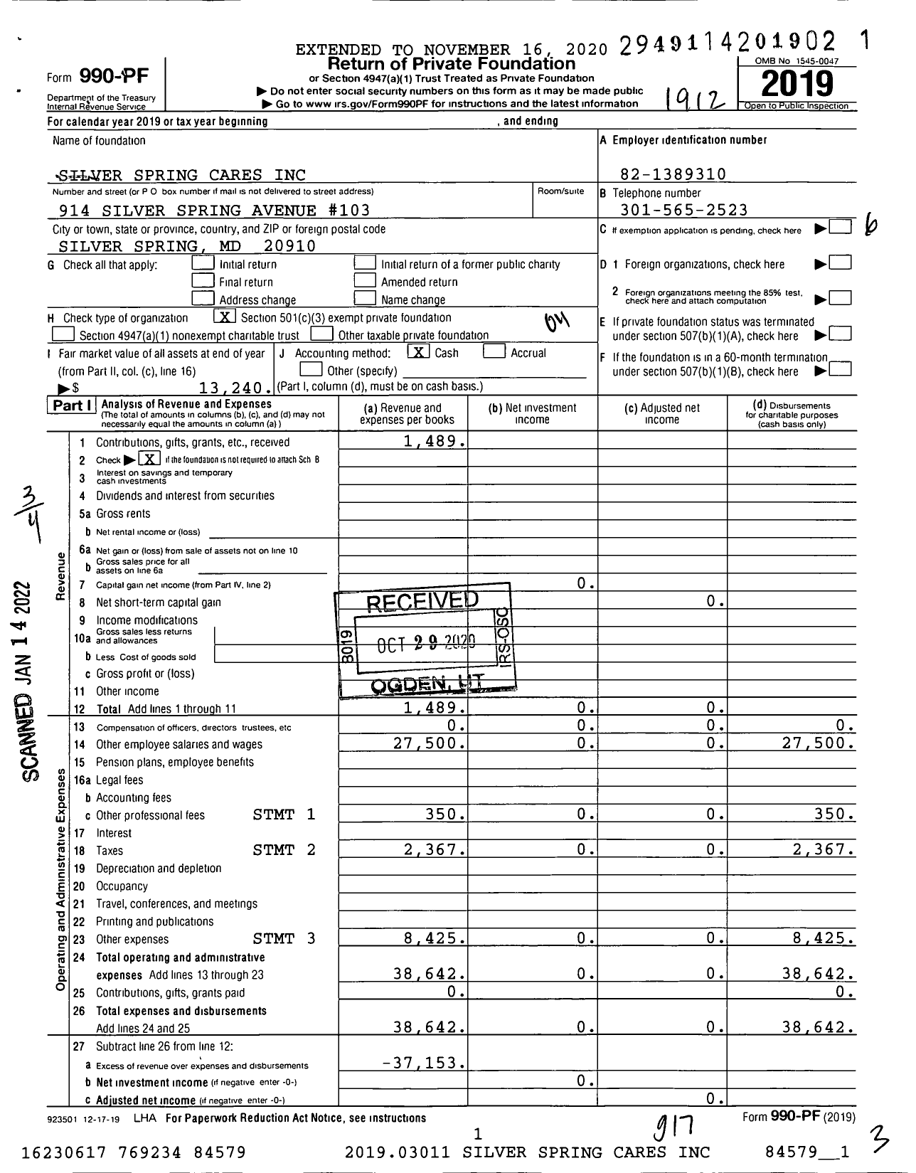 Image of first page of 2019 Form 990PF for Silver Spring Cares