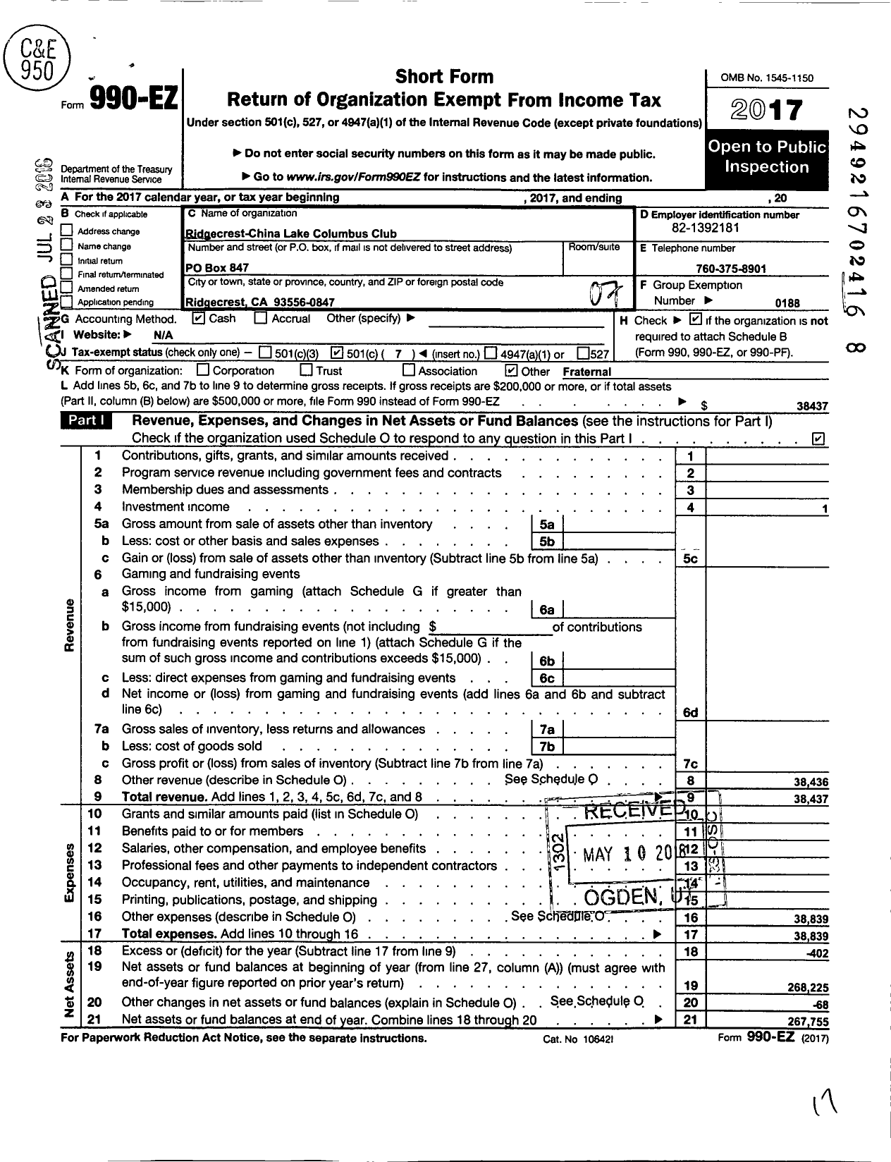 Image of first page of 2017 Form 990EO for Ridgecrest-China Lake Columbus Club