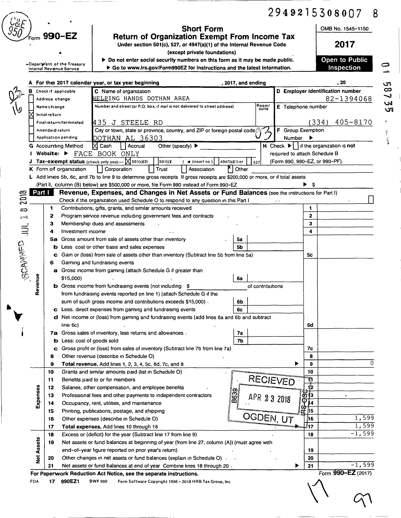 Image of first page of 2017 Form 990EZ for Helping Hands Dothan Al Area