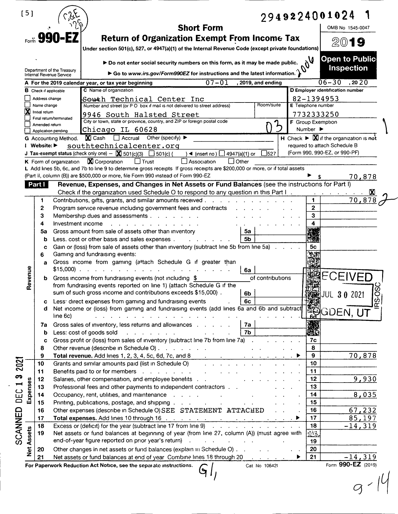 Image of first page of 2019 Form 990EZ for South Technical Center