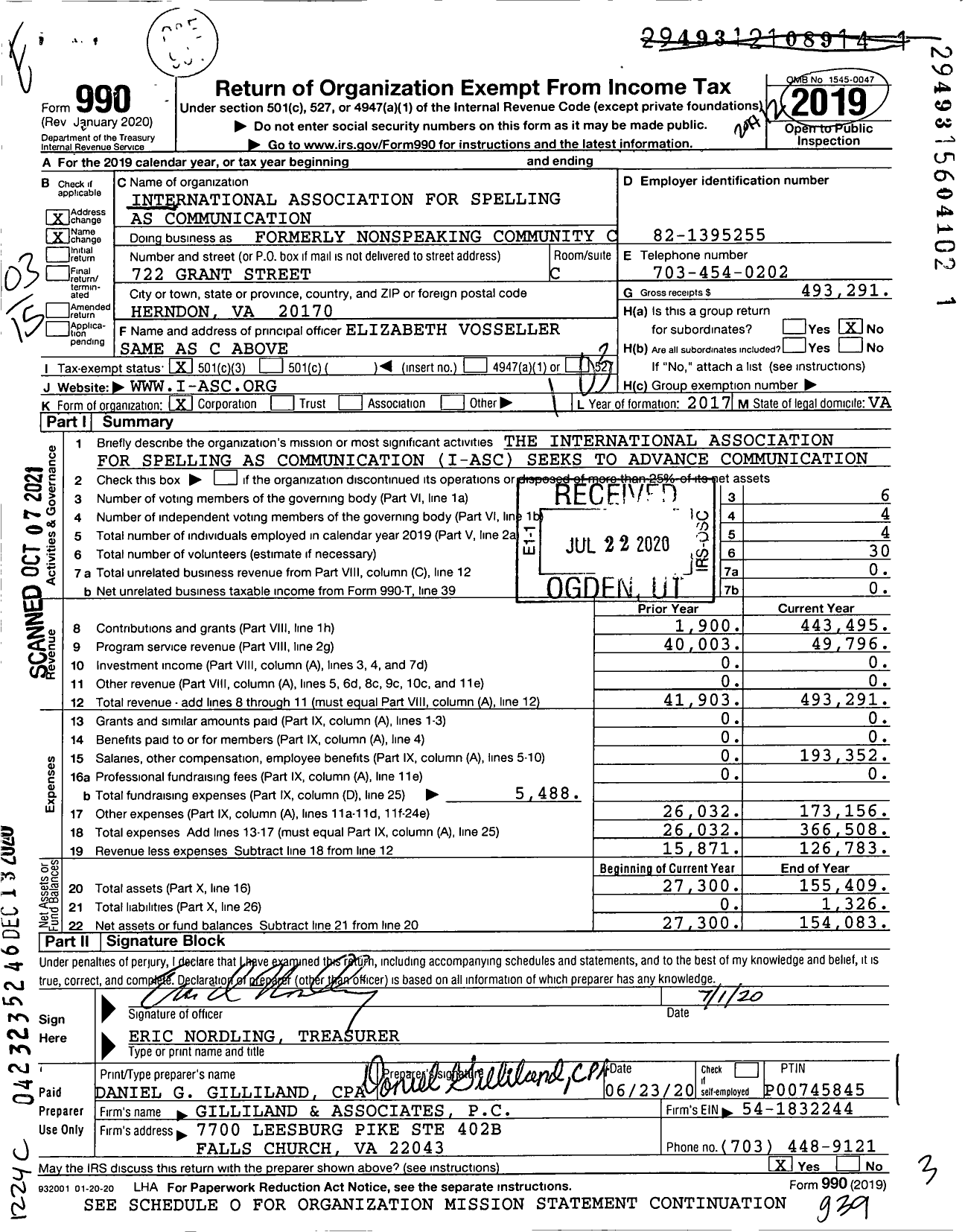 Image of first page of 2019 Form 990 for International Association for Spelling as Communication