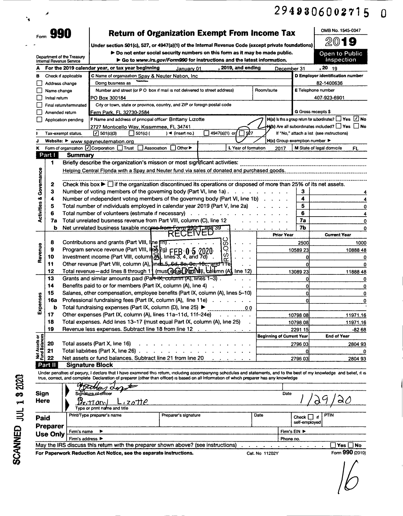 Image of first page of 2019 Form 990 for Spay and Neuter Nation