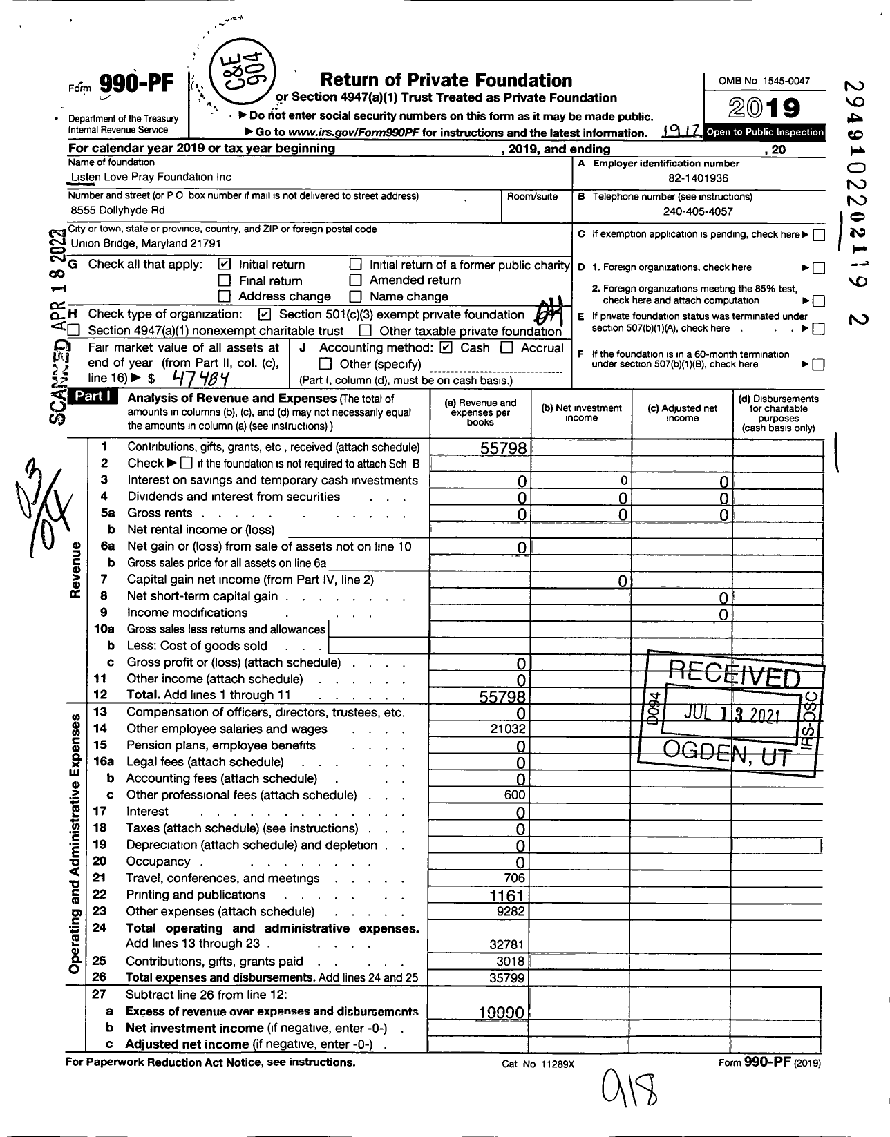 Image of first page of 2019 Form 990PF for Listen Love Pray Foundation