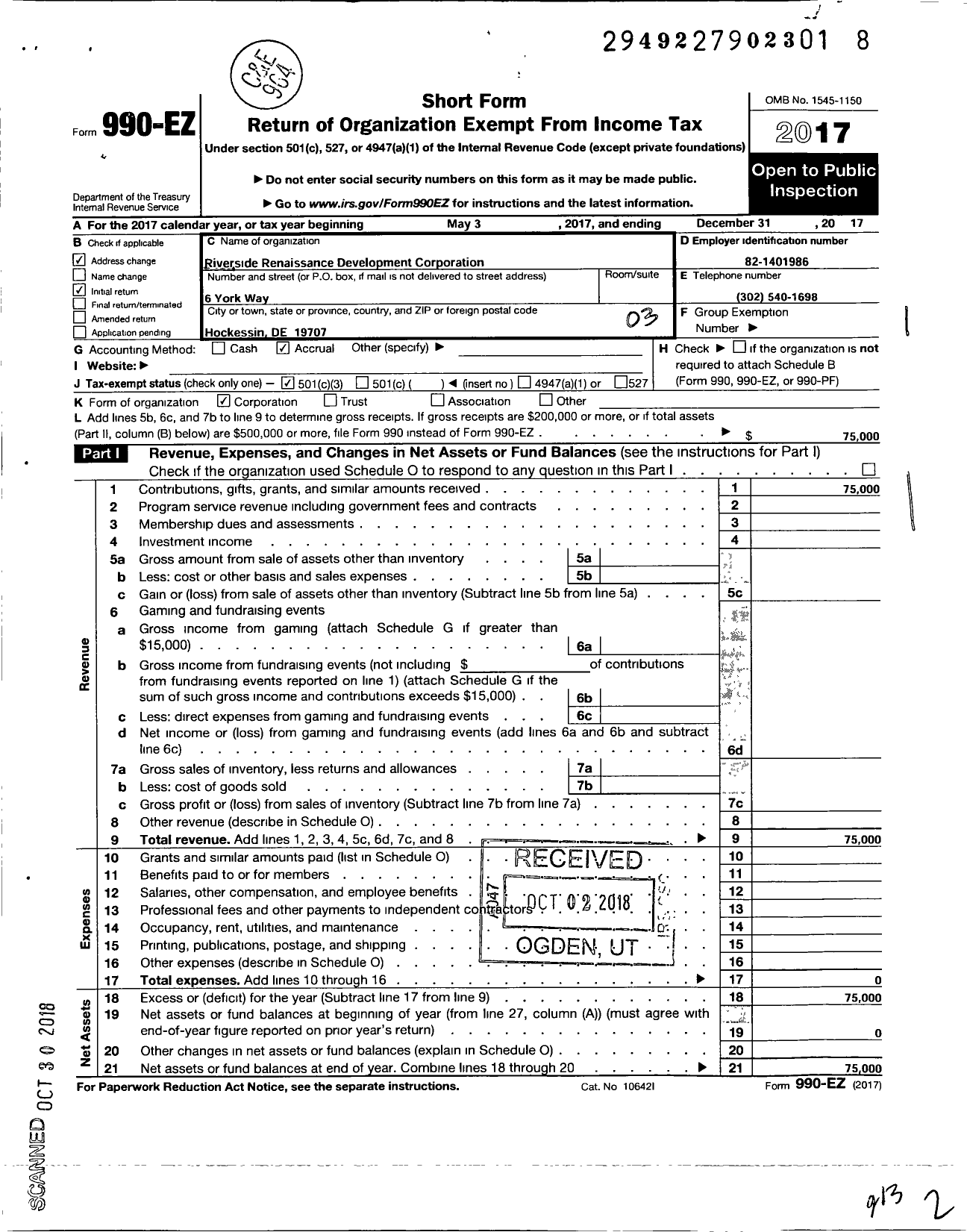 Image of first page of 2017 Form 990EZ for Reach Riverside Development Corporation
